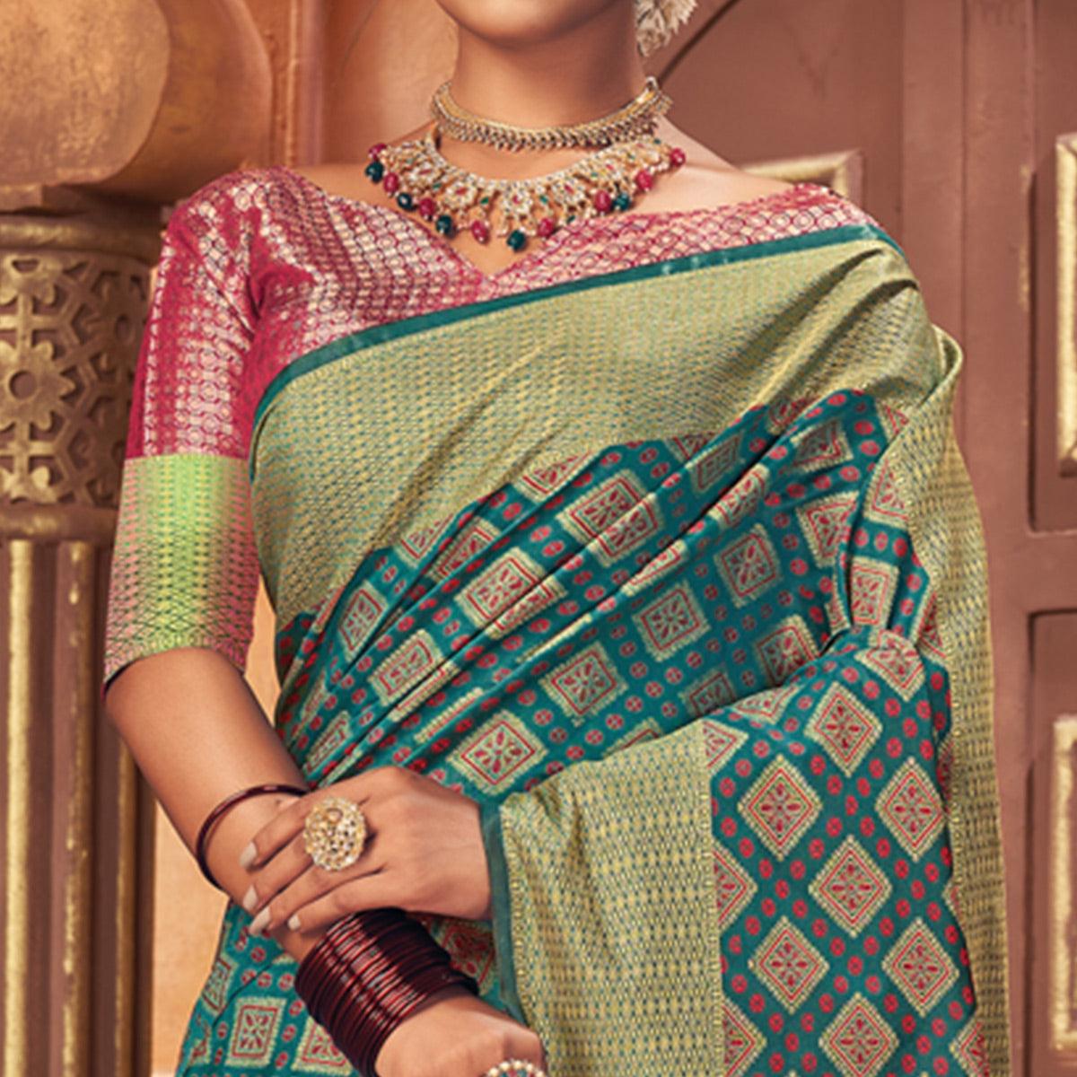 Rama Blue Woven Patola Art Silk Saree - Peachmode
