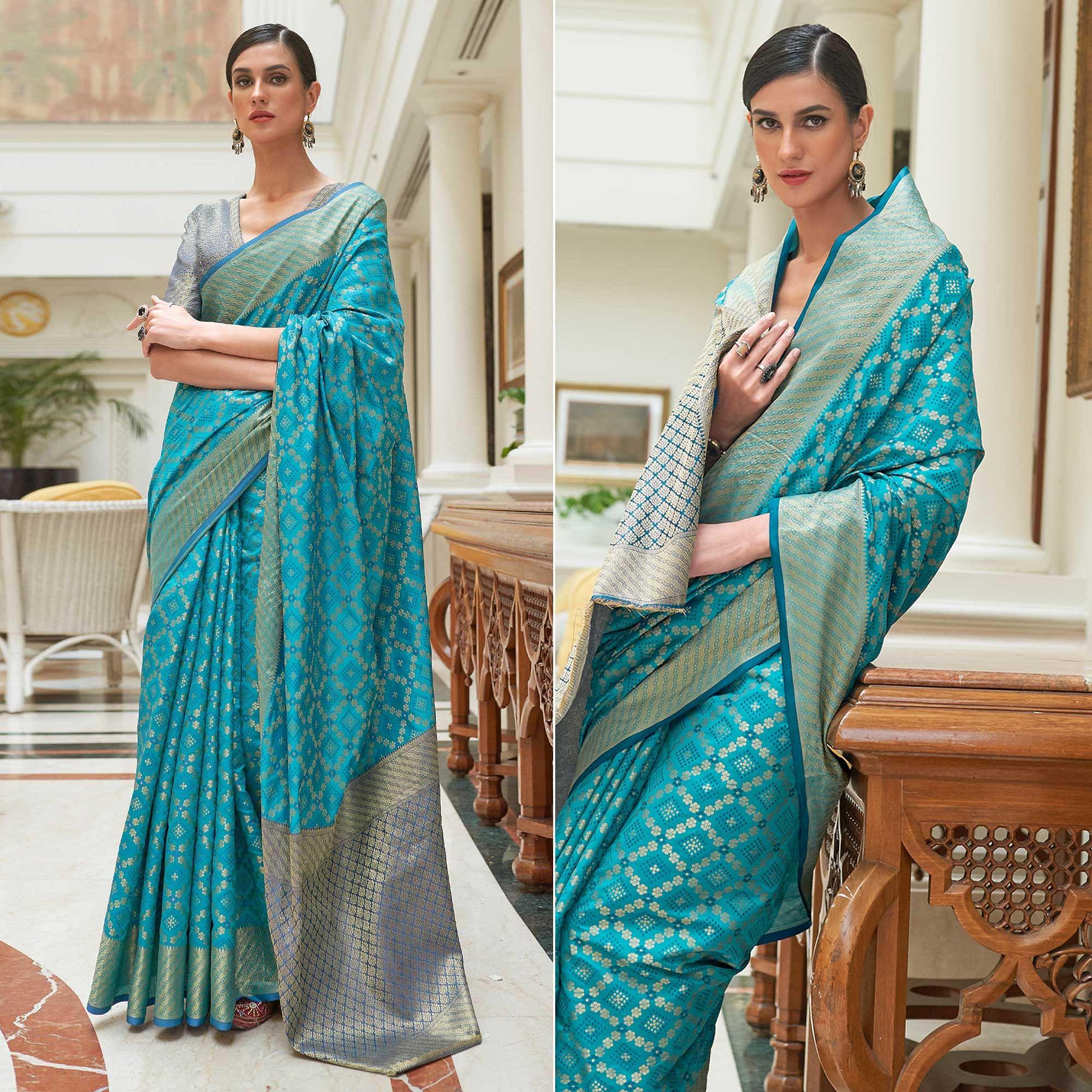 Rama Blue Woven Patola Banarasi Silk Saree - Peachmode