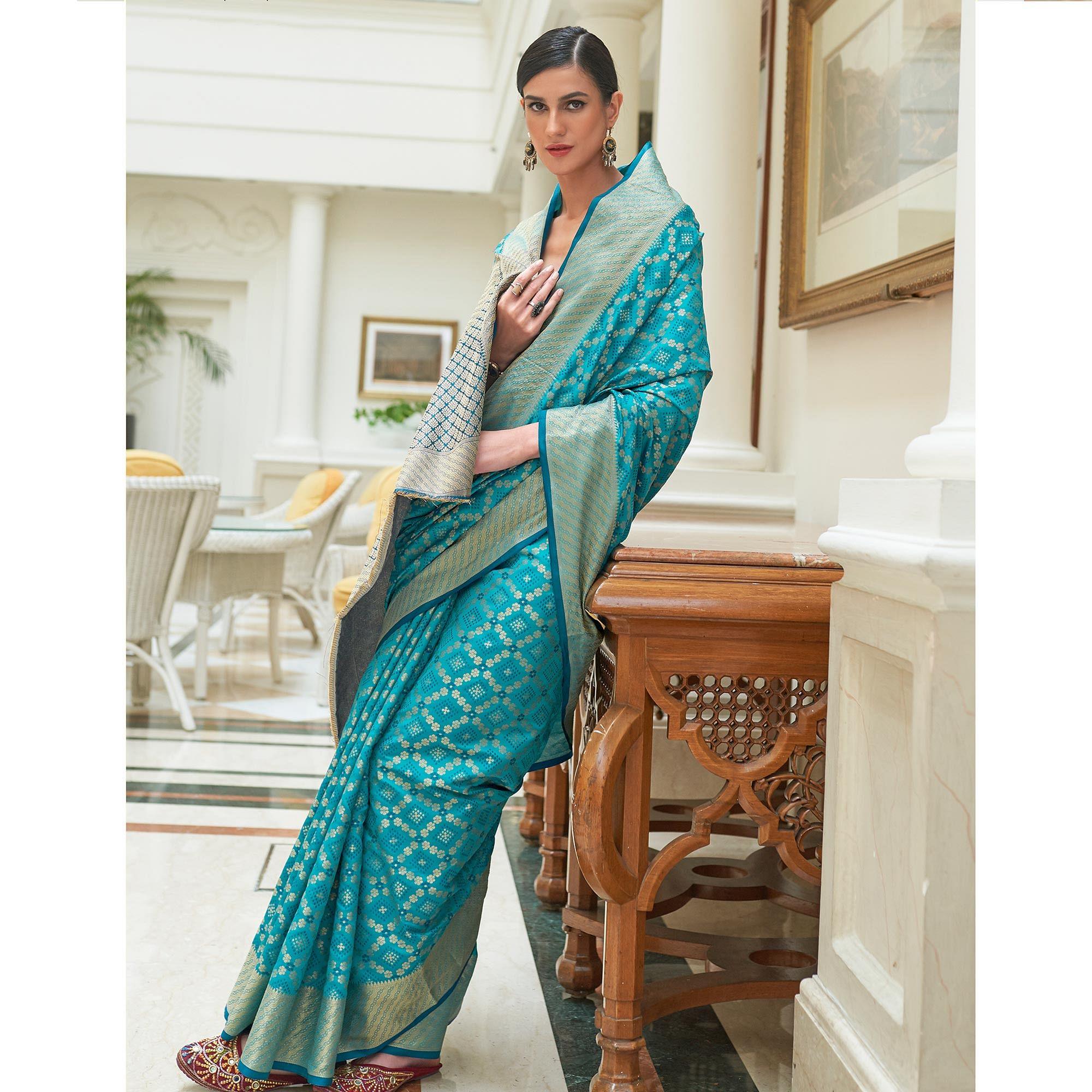 Rama Blue Woven Patola Banarasi Silk Saree - Peachmode