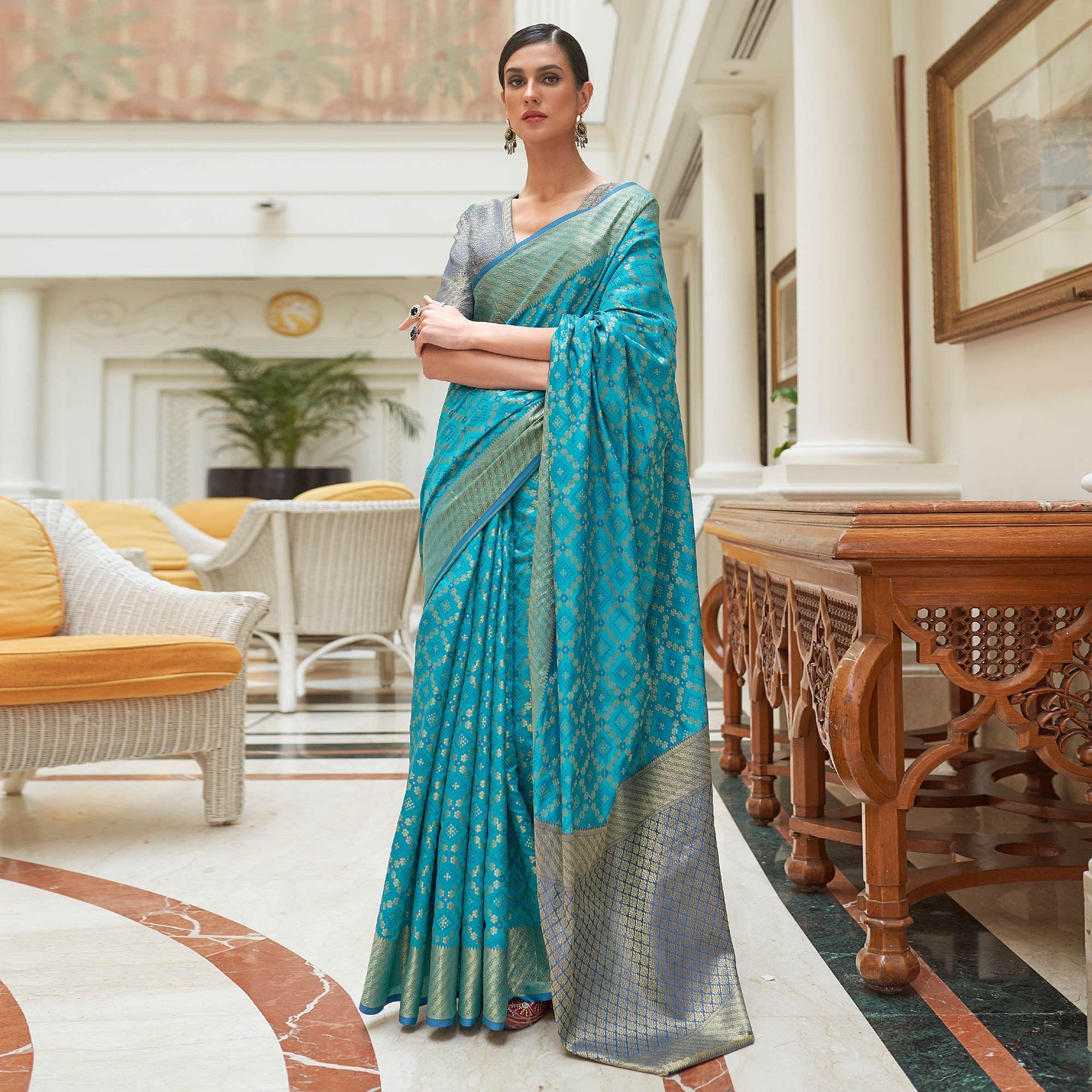 Rama Blue Woven Patola Banarasi Silk Saree - Peachmode