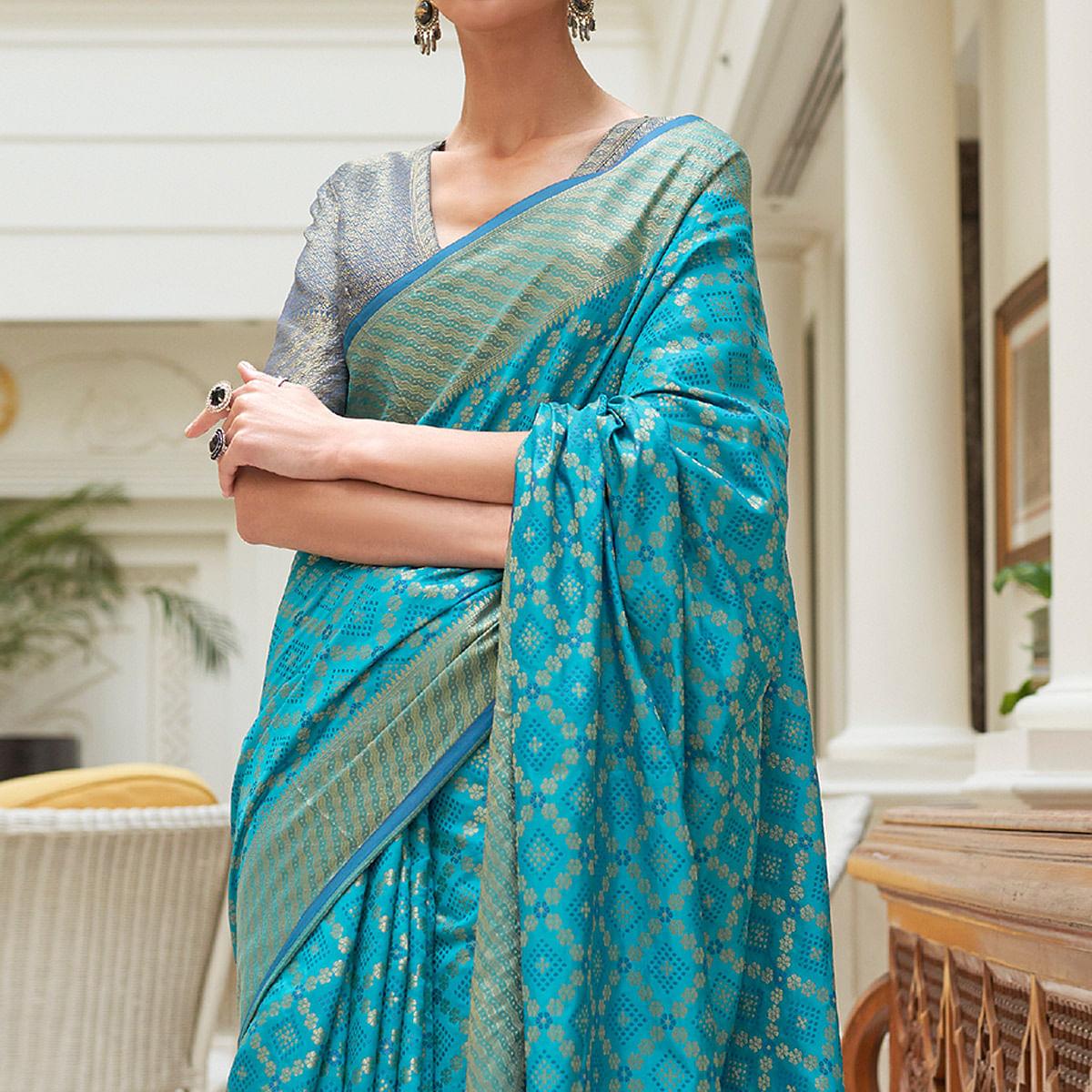 Rama Blue Woven Patola Banarasi Silk Saree - Peachmode