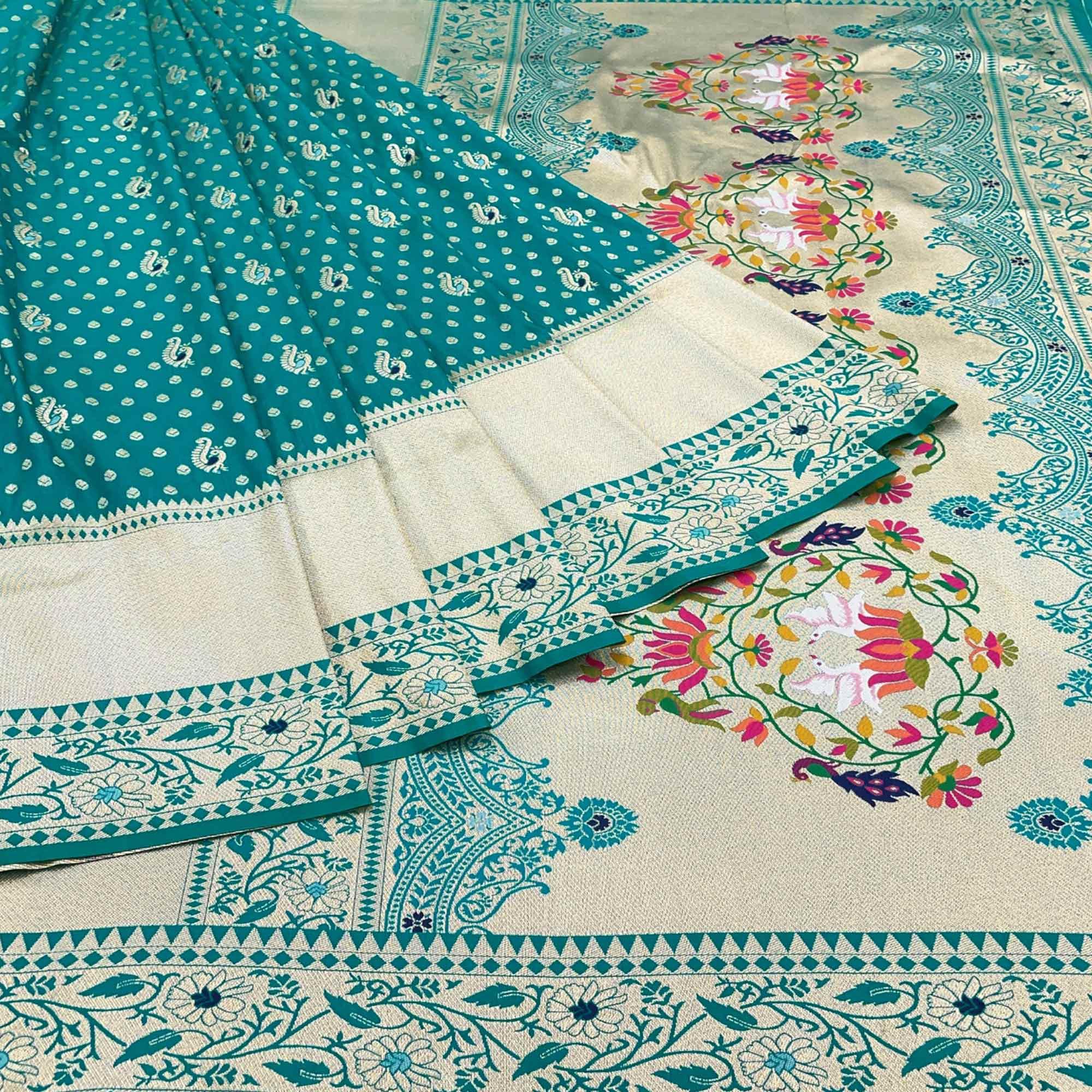 Rama Blue Zari Woven Art Silk Saree - Peachmode