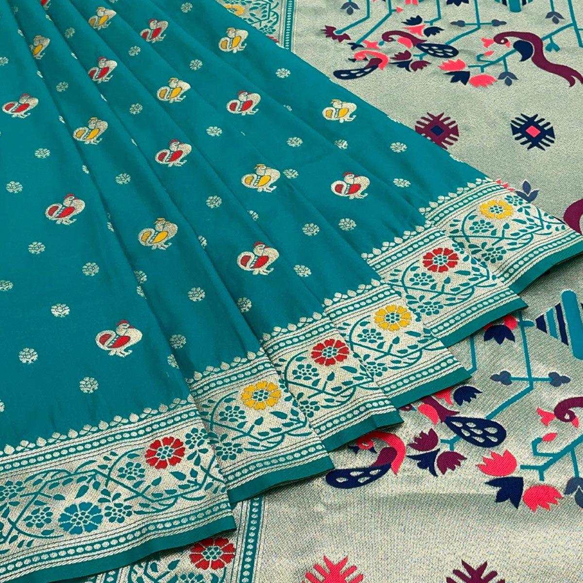 Rama Blue Zari Woven Art Silk Saree - Peachmode