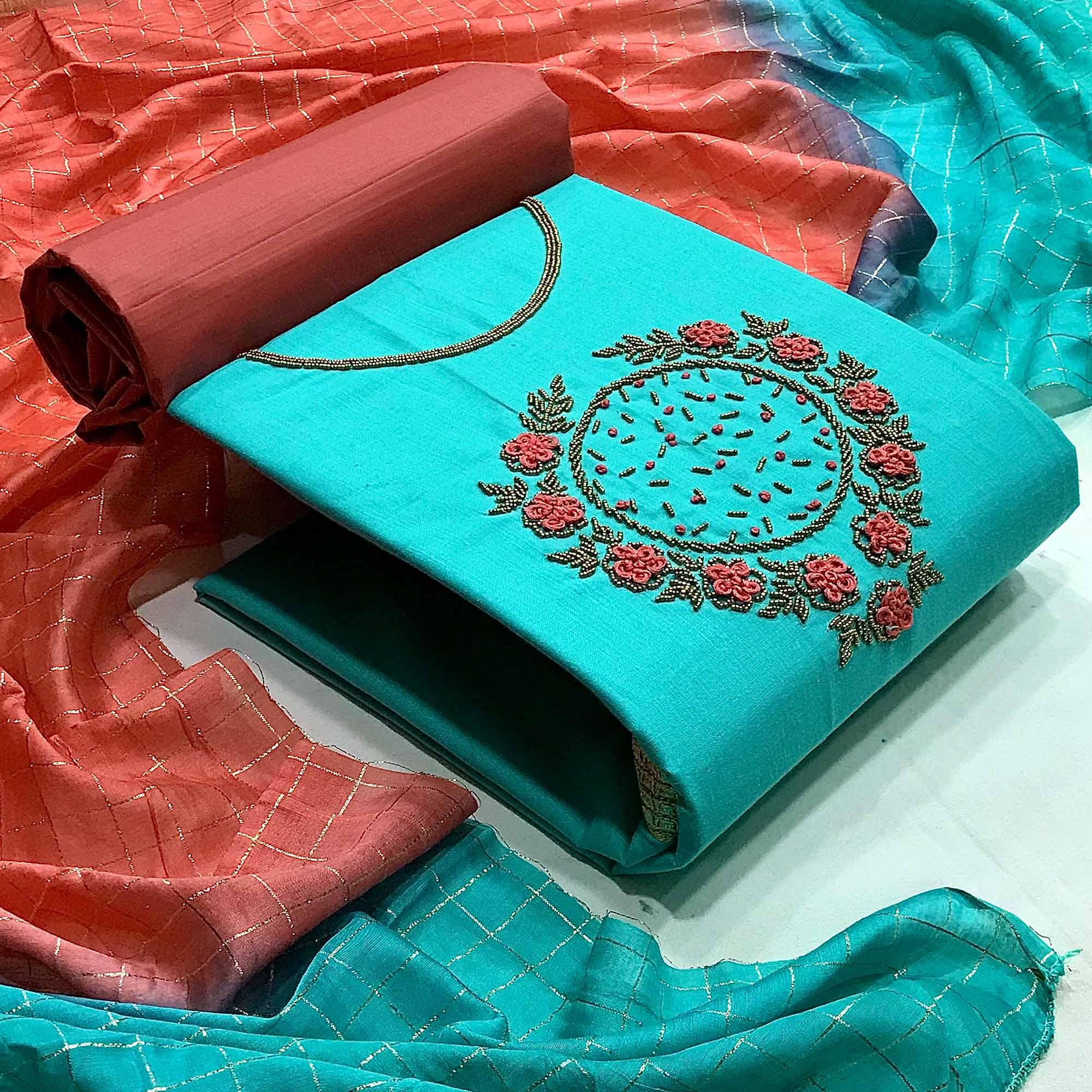 Rama Bue Casual Wear Thread Beads Khatli Work Cotton Dress Material - Peachmode