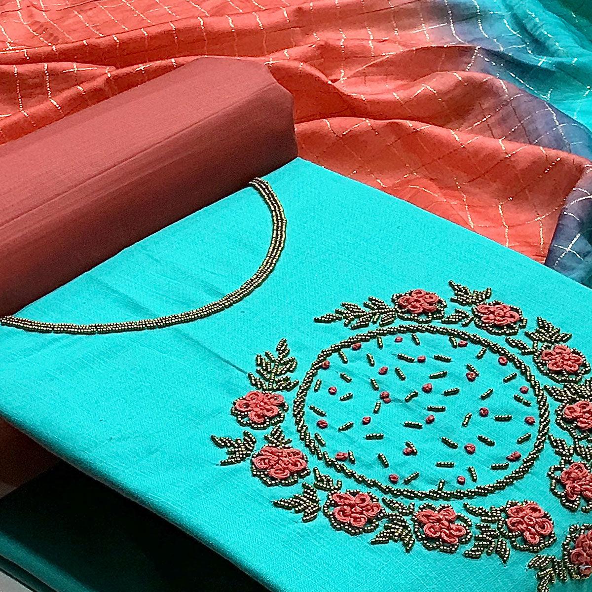 Rama Bue Casual Wear Thread Beads Khatli Work Cotton Dress Material - Peachmode