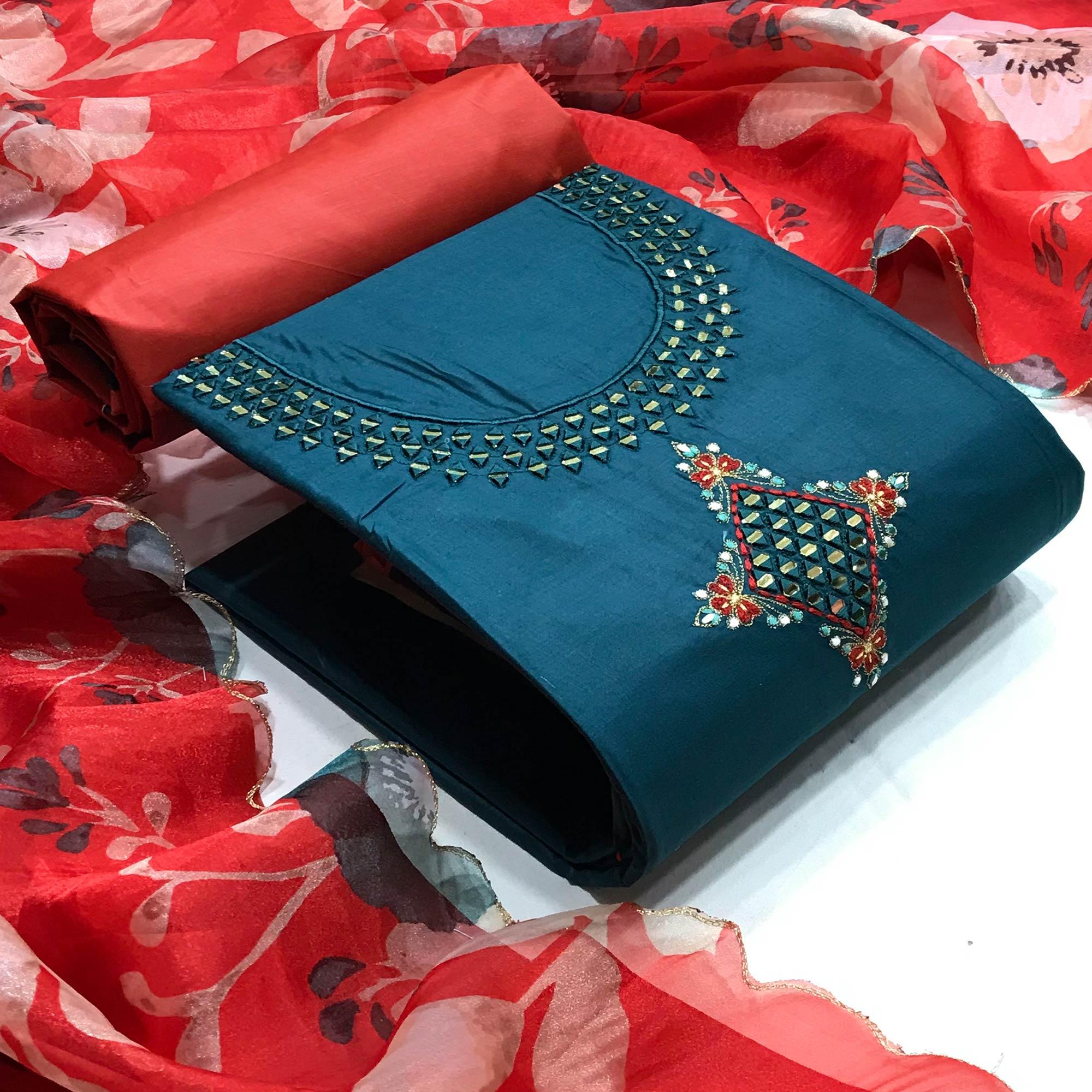 Rama Casual Embroidered Thread & Mirror Work Cotton Dress Material - Peachmode