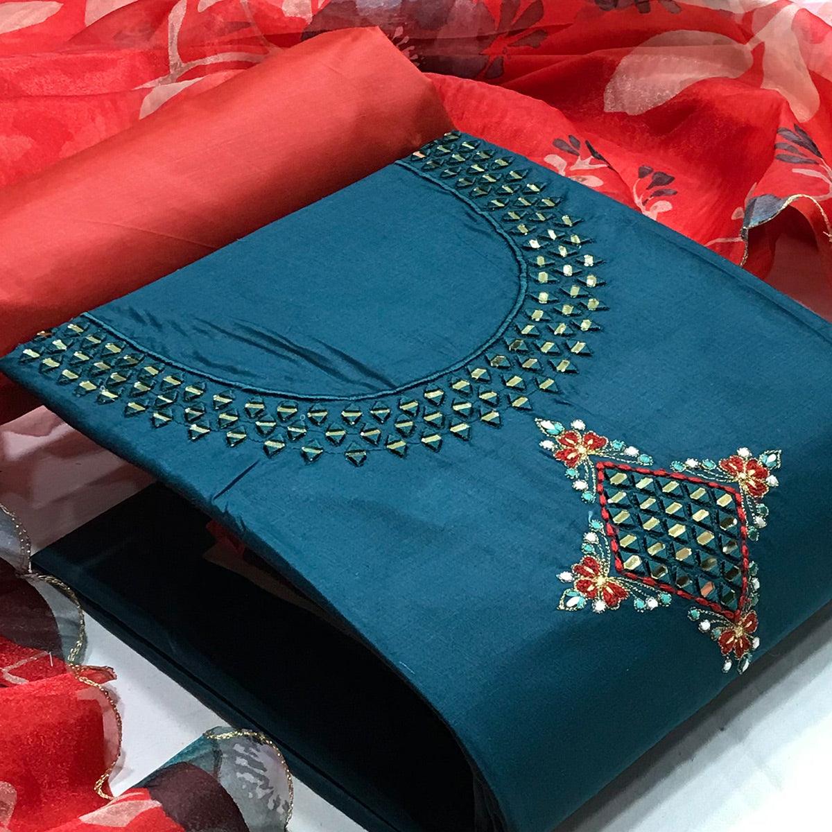 Rama Casual Embroidered Thread & Mirror Work Cotton Dress Material - Peachmode