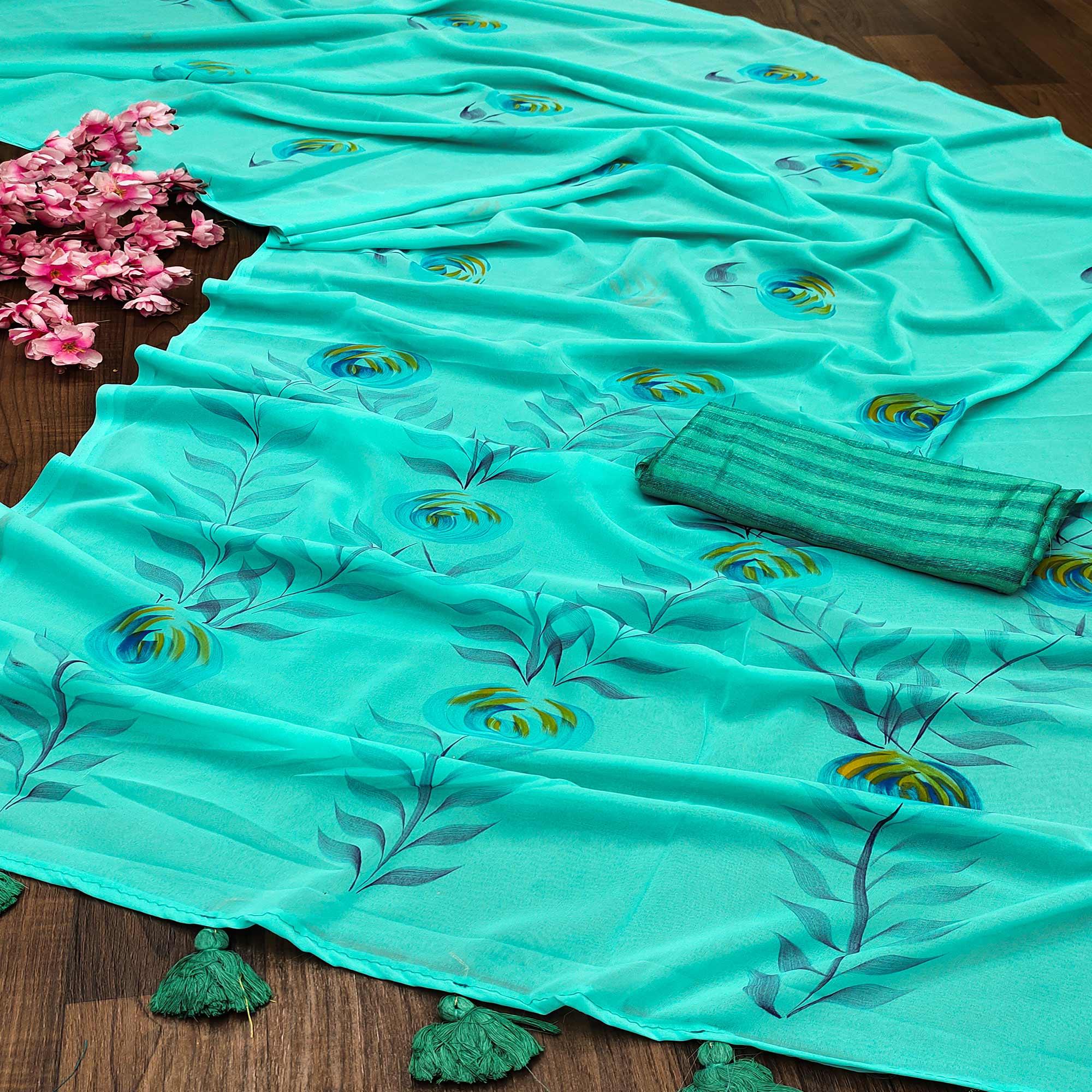 Rama Casual Wear Floral Hand Printed Georgette Saree - Peachmode