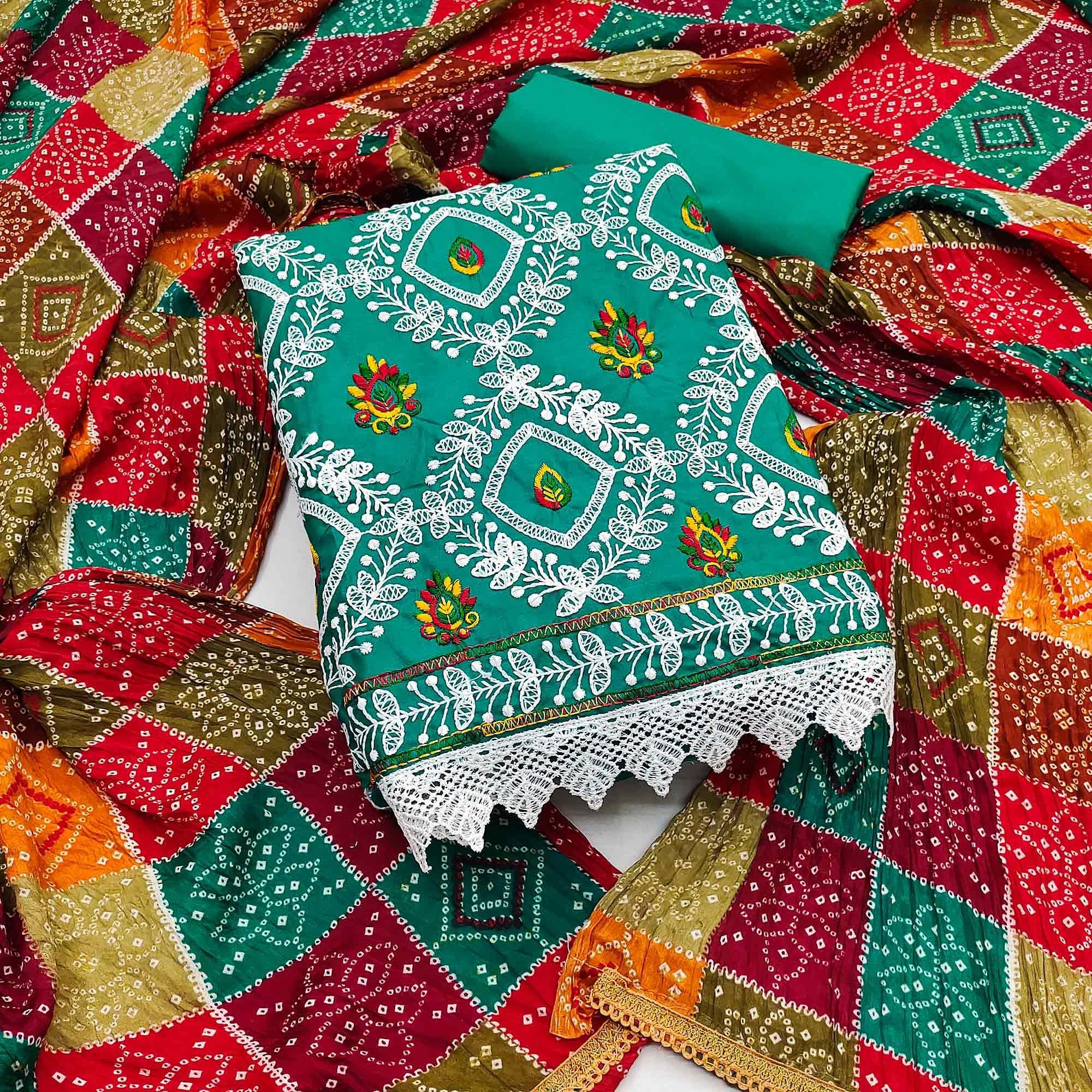 Rama Embroidered Poly Cotton Dress Material - Peachmode