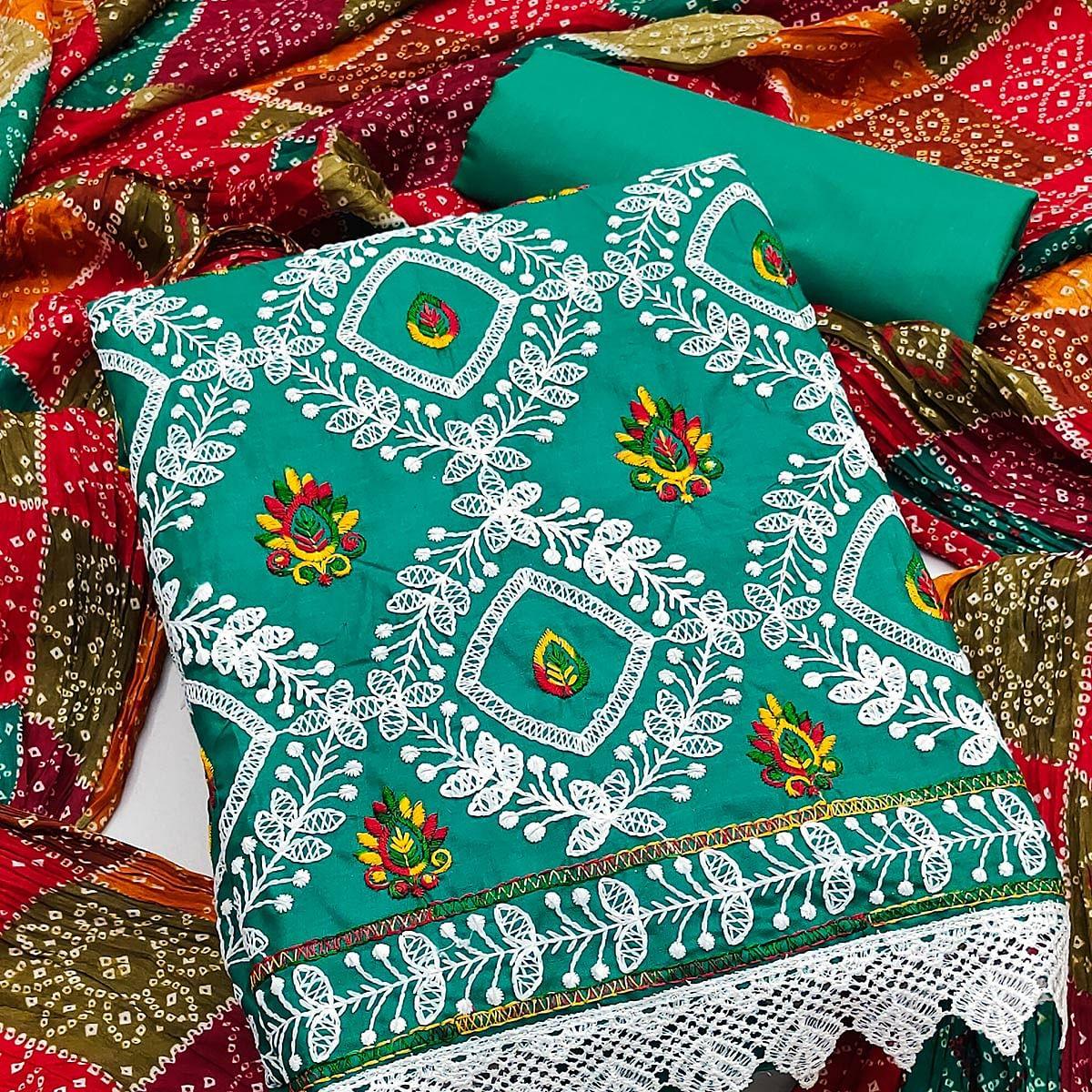 Rama Embroidered Poly Cotton Dress Material - Peachmode