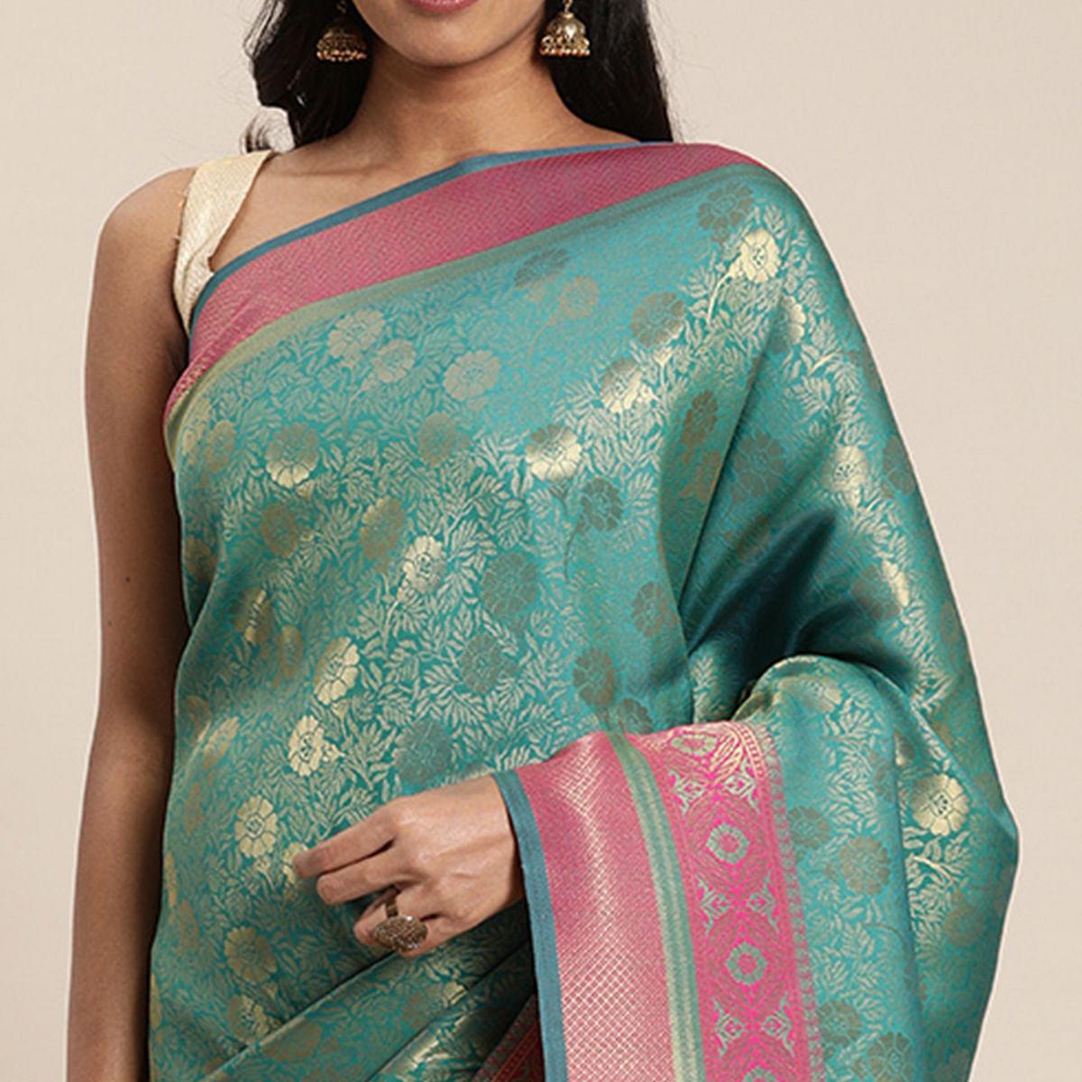 Rama Festive Wear Woven Kanjivaram Silk Saree - Peachmode