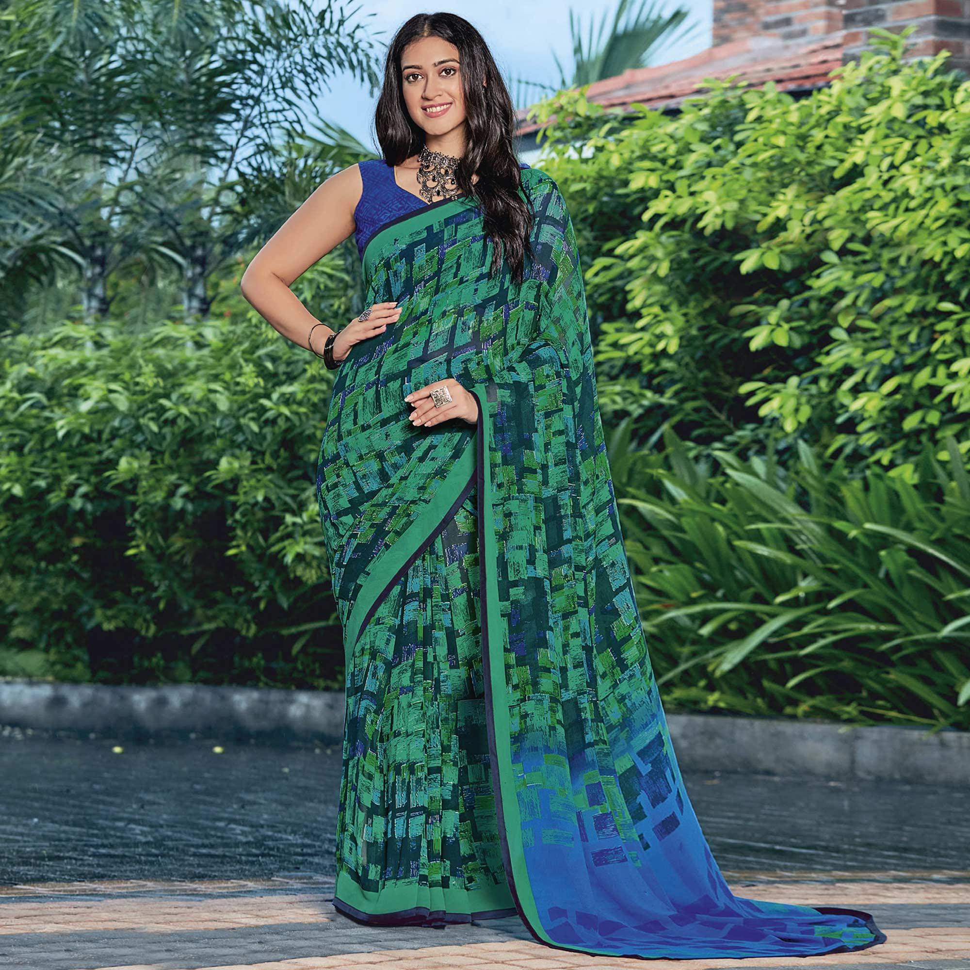 Rama Green & Blue Casual Wear Printed Georgette Saree - Peachmode