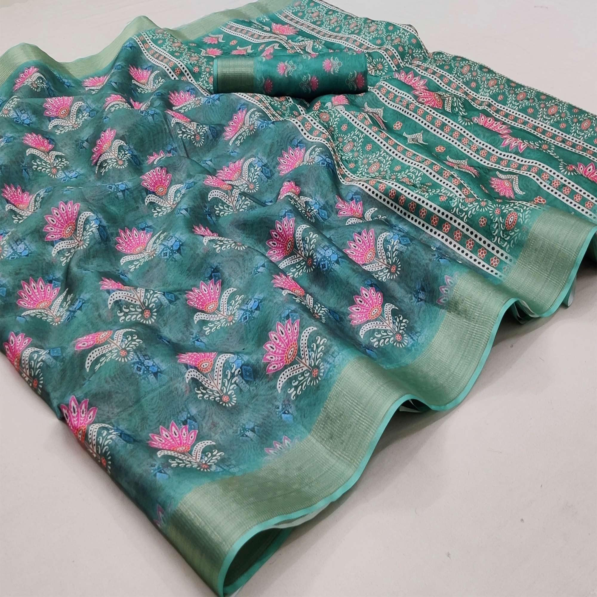 Rama Green Casual Wear Floral Digital Printed Silk Saree With Jacquard Border - Peachmode