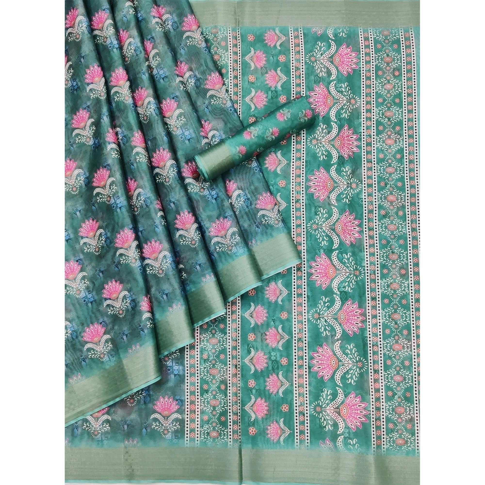 Rama Green Casual Wear Floral Digital Printed Silk Saree With Jacquard Border - Peachmode