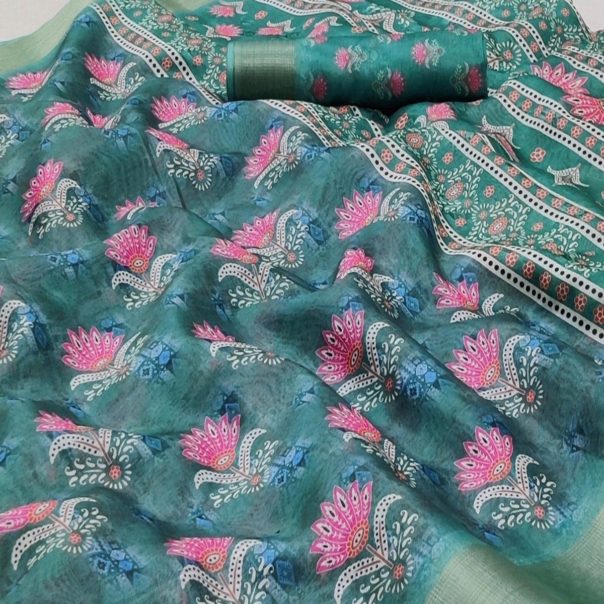 Rama Green Casual Wear Floral Digital Printed Silk Saree With Jacquard Border - Peachmode