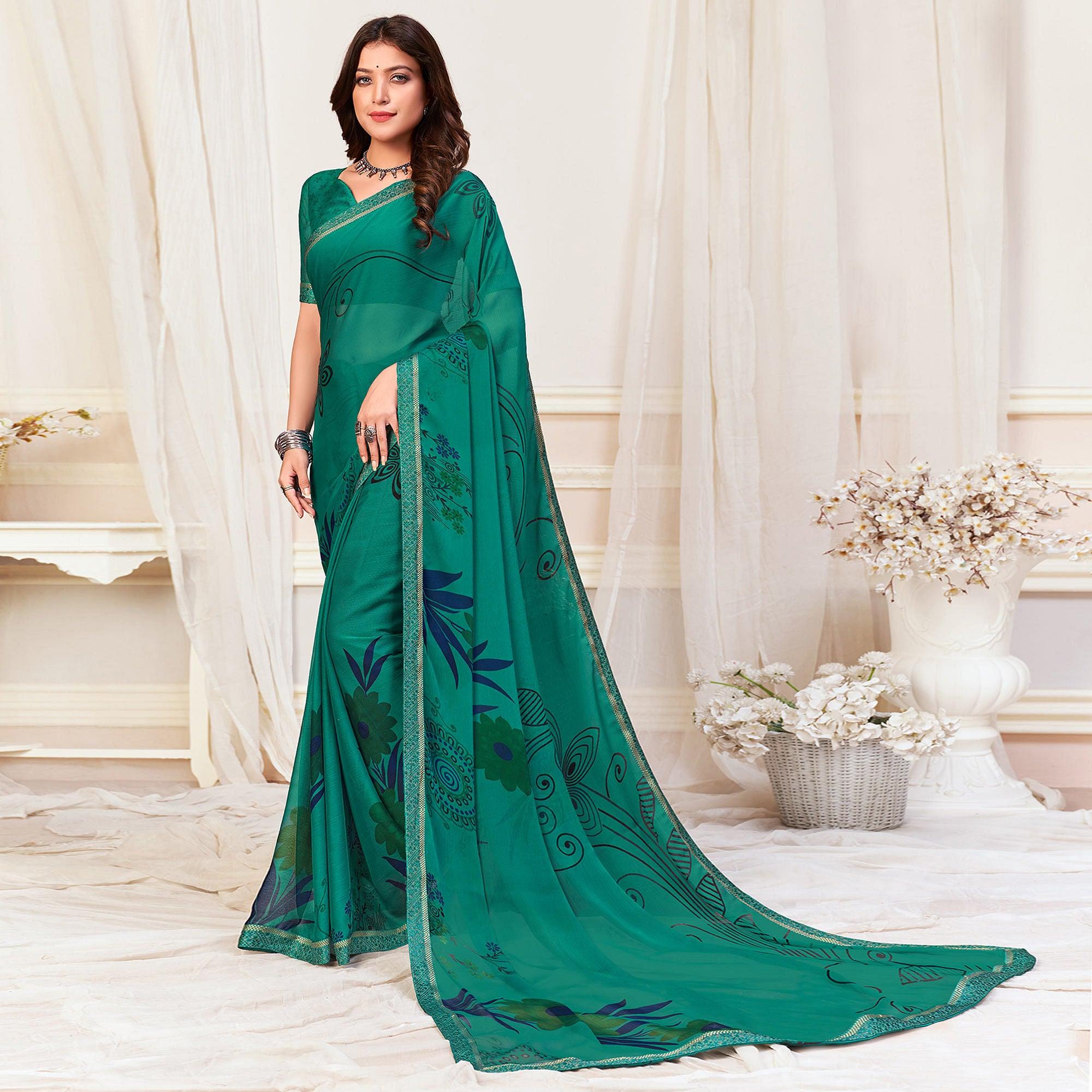 Rama Green Casual Wear Printed Chiffon Saree - Peachmode