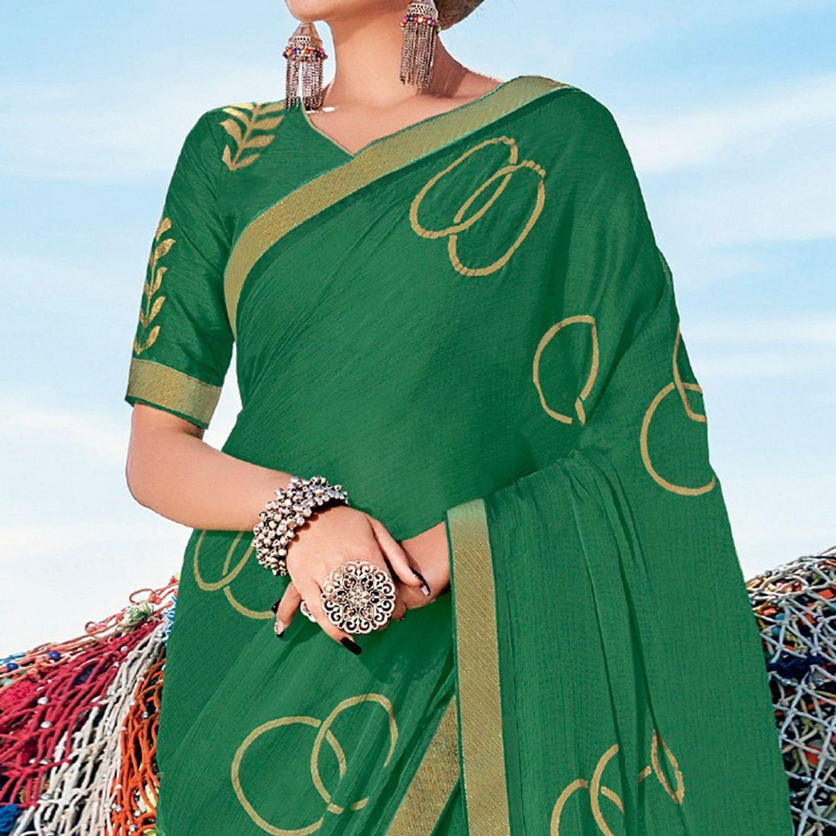 Rama Green Casual Wear Printed Chiffon Saree - Peachmode