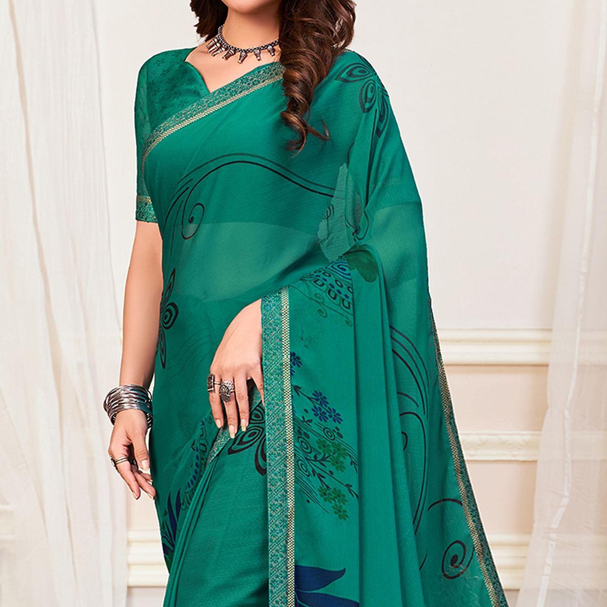 Rama Green Casual Wear Printed Chiffon Saree - Peachmode