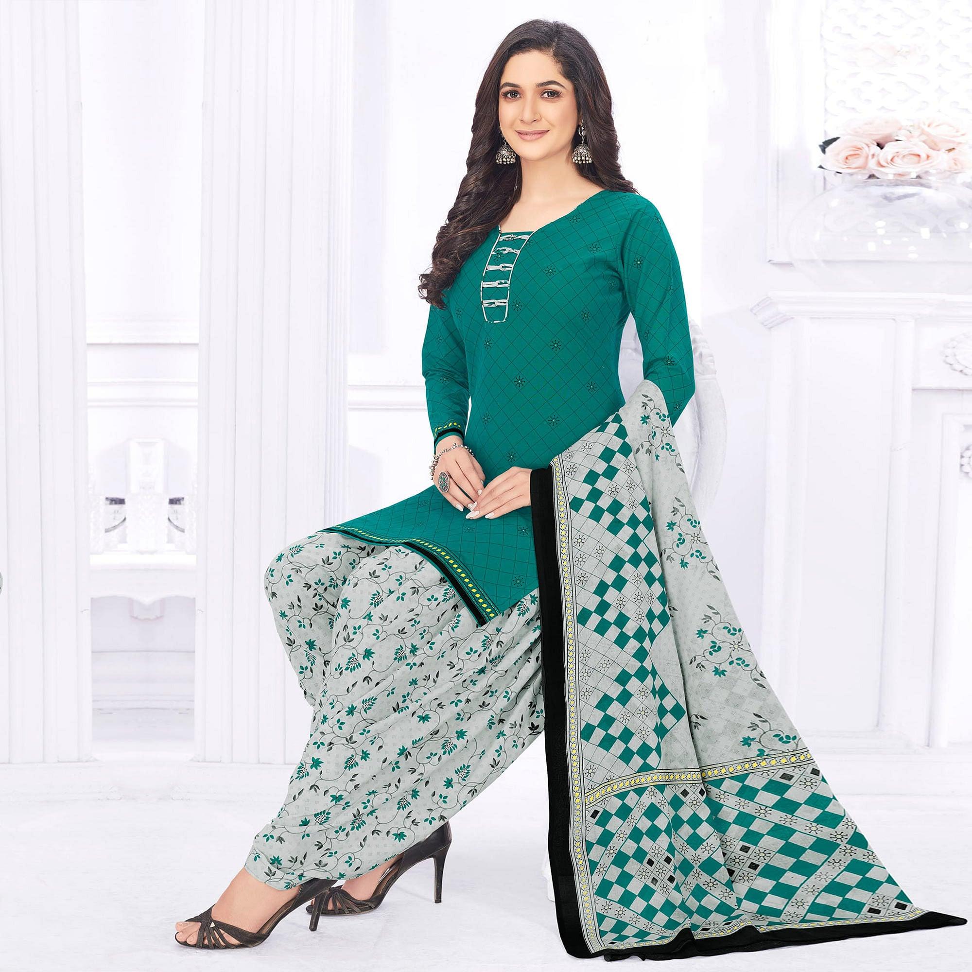 Rama Green Casual Wear Printed Cotton Dress Material - Peachmode