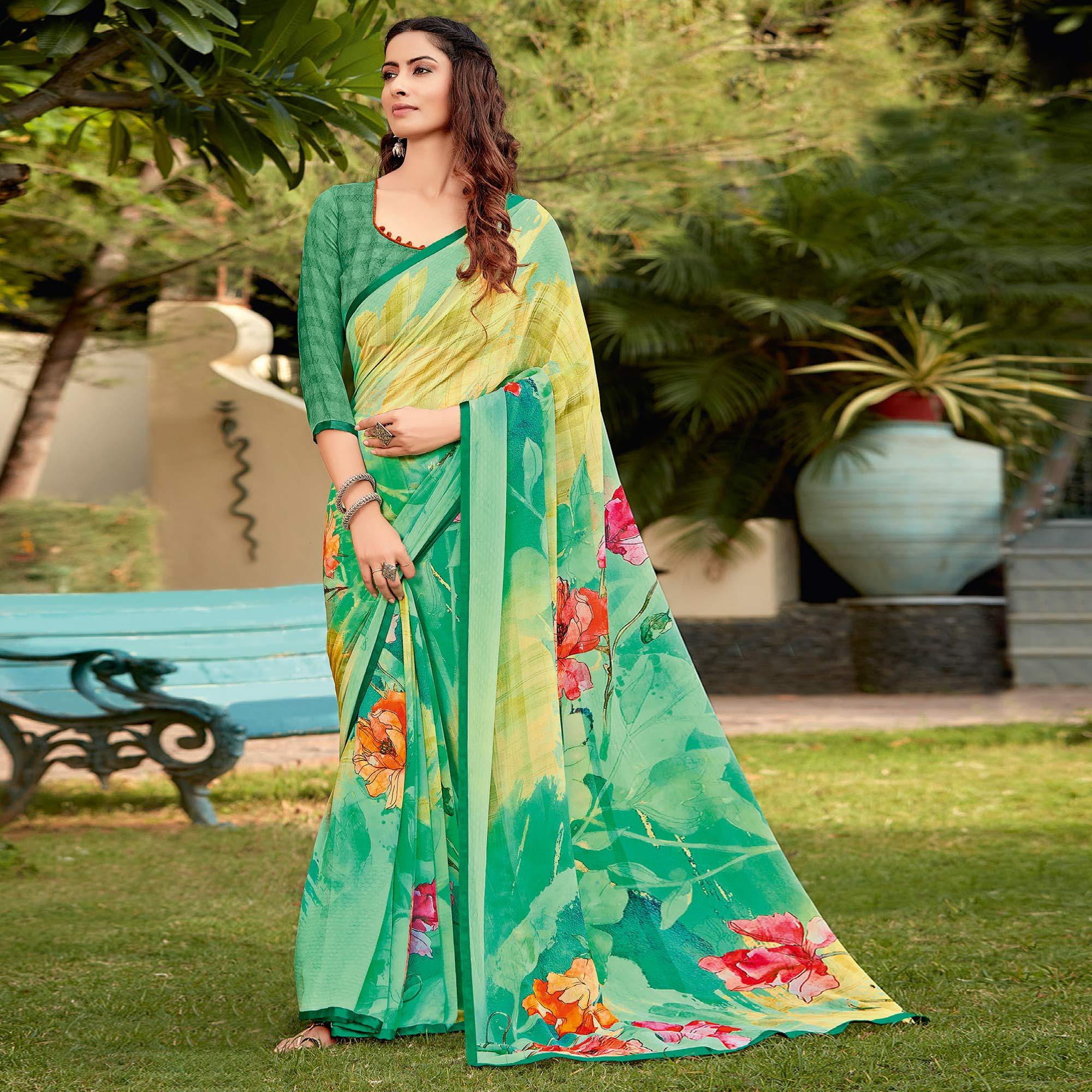 Rama Green Casual Wear Printed Georgette Saree - Peachmode