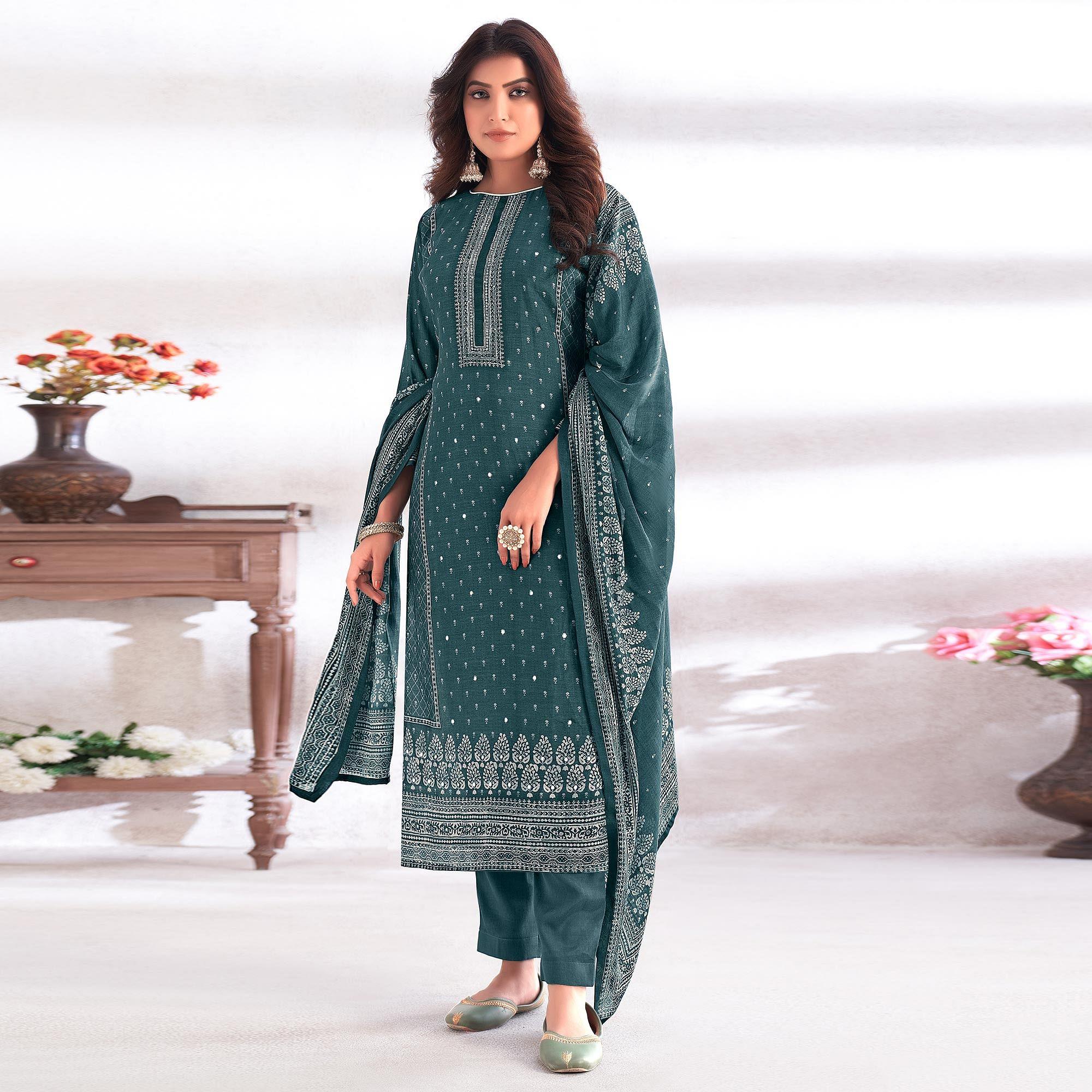 Rama Green Digital Printed & Hand Work Cotton Silk Suit - Peachmode
