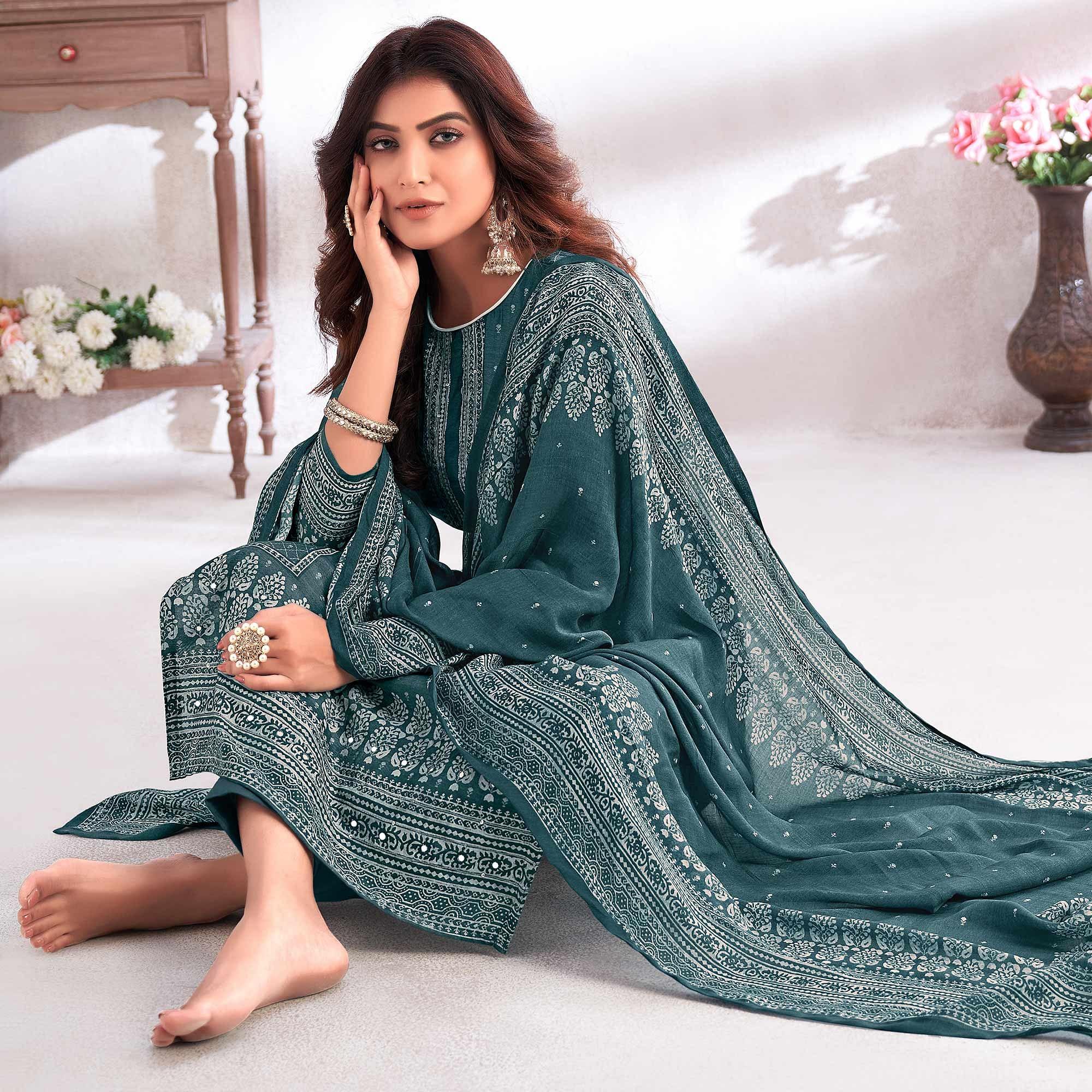 Rama Green Digital Printed & Hand Work Cotton Silk Suit - Peachmode