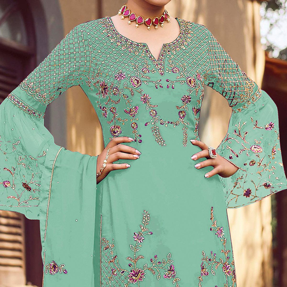 Rama Green Festive Wear Embroidered Faux Georgette Straight Style Palazzo Suit - Peachmode
