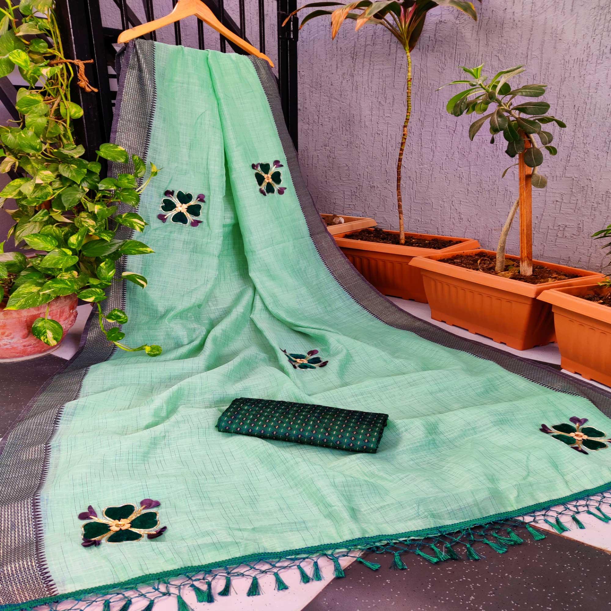 Rama Green Festive Wear Floral Embroiderey Woven Border Cotton Saree - Peachmode