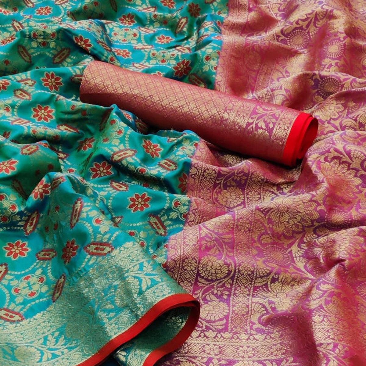 Rama Green Festive Wear Floral Woven Heavy Silk Saree - Peachmode