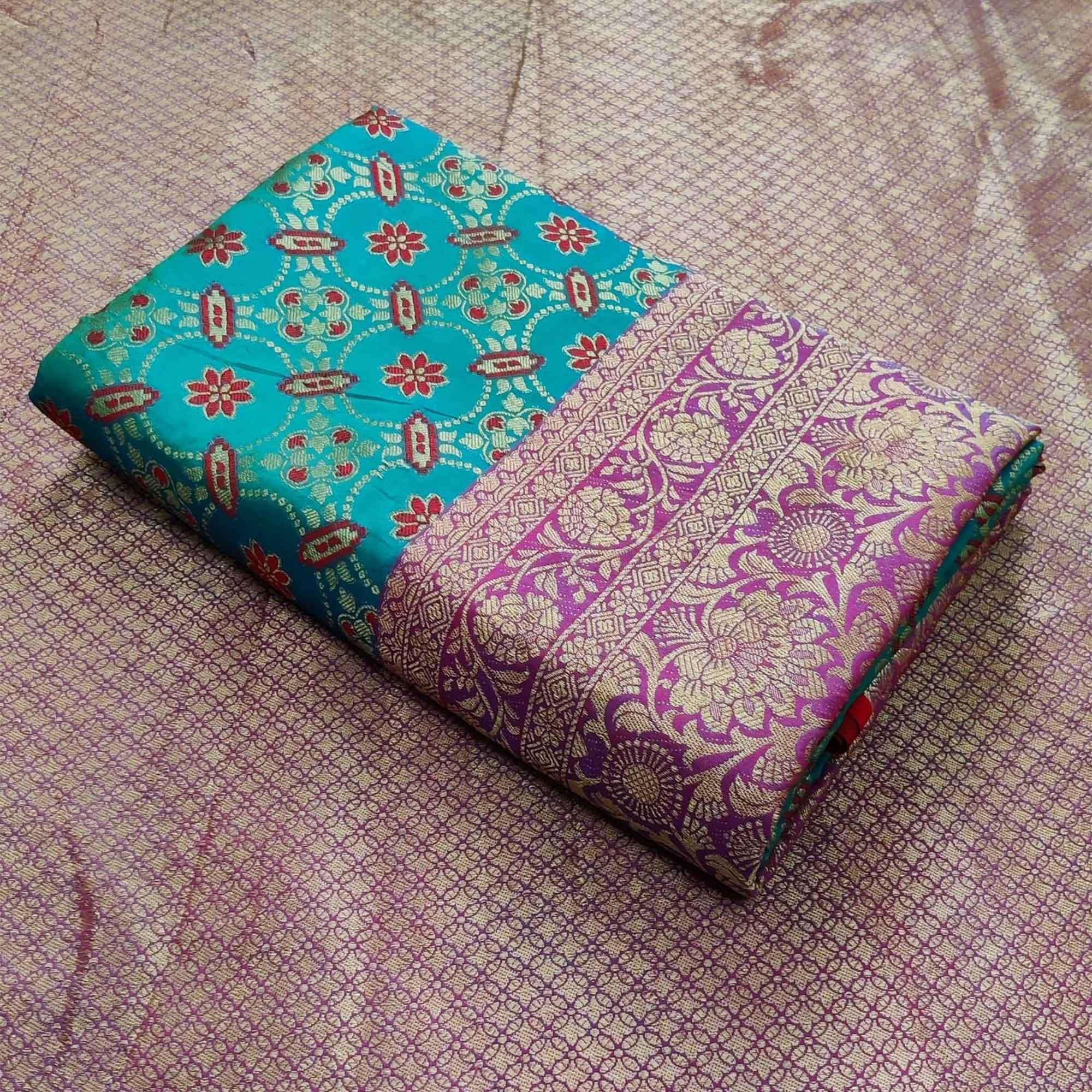 Rama Green Festive Wear Floral Woven Heavy Silk Saree - Peachmode