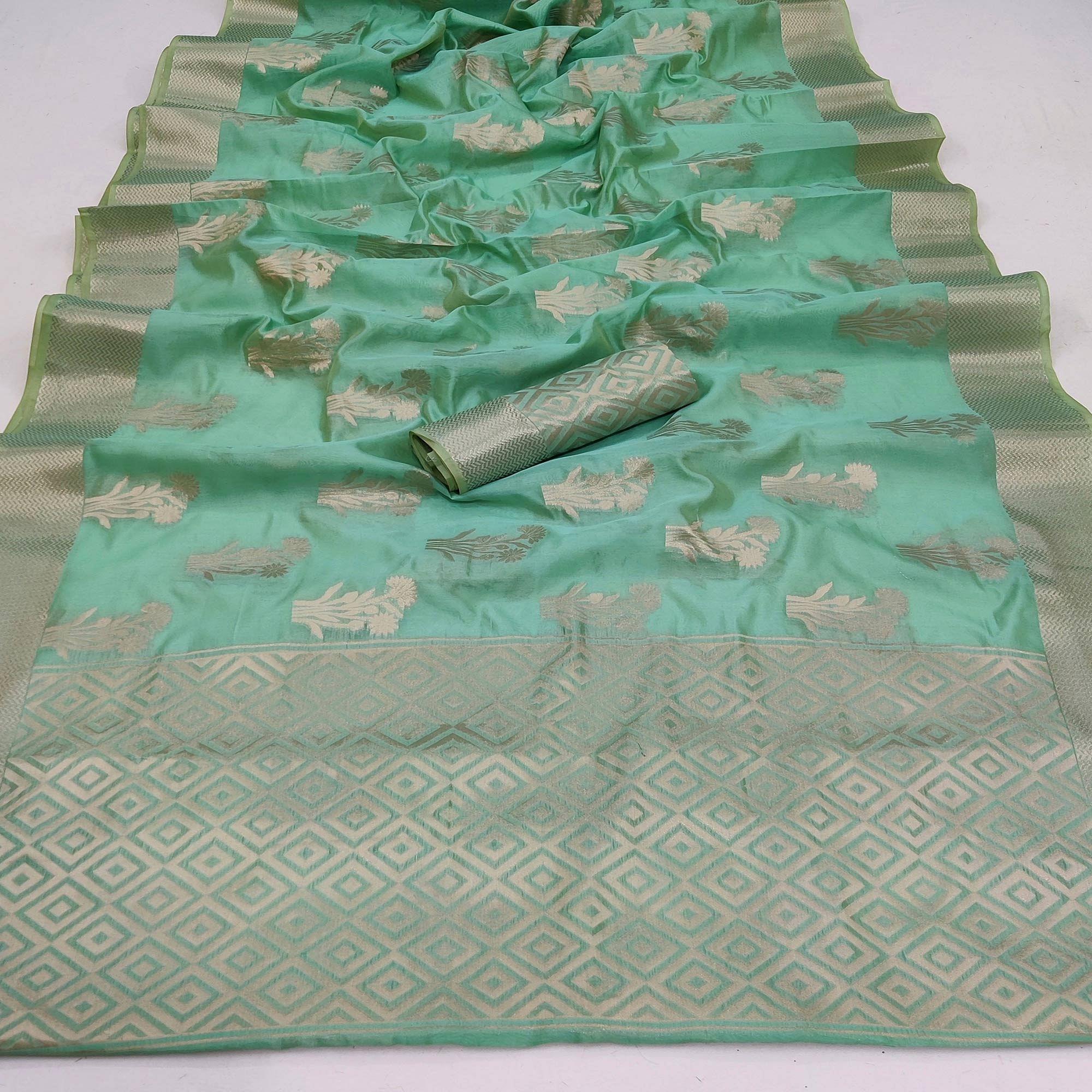 Rama Green Festive Wear Floral Woven Silk Saree - Peachmode