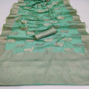 Rama Green Festive Wear Floral Woven Silk Saree - Peachmode