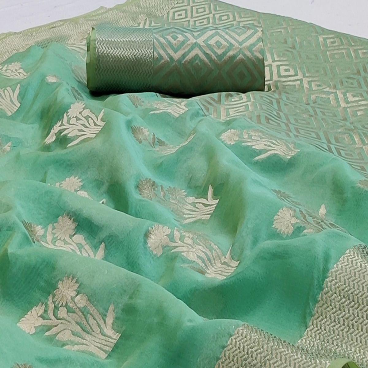 Rama Green Festive Wear Floral Woven Silk Saree - Peachmode