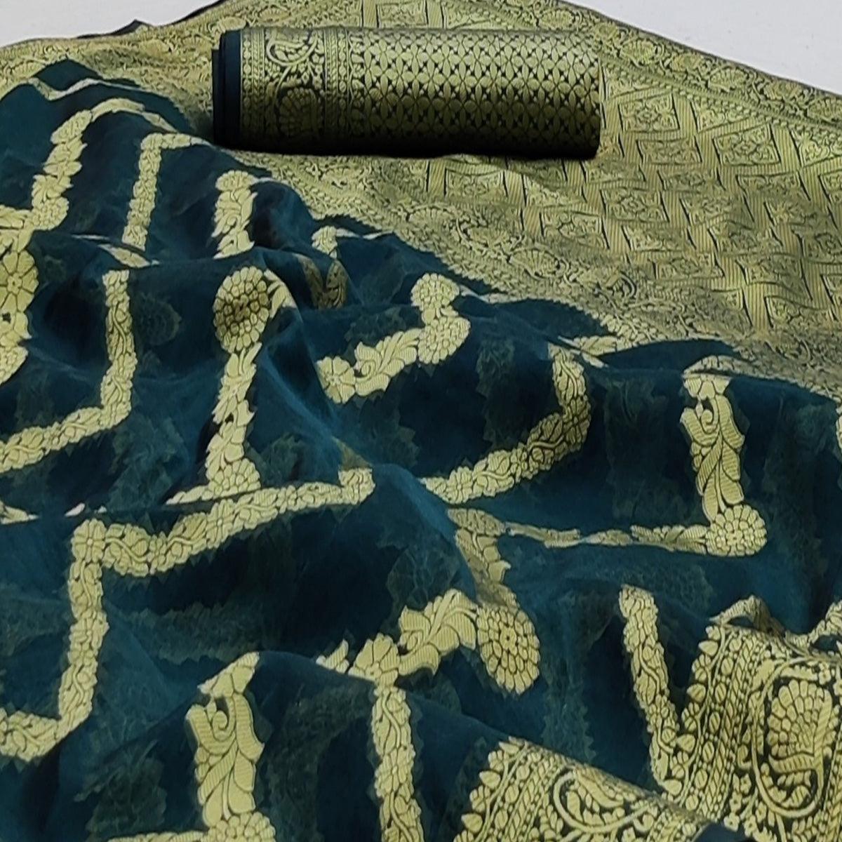 Rama Green Festive Wear Floral Woven Soft Organza Saree - Peachmode