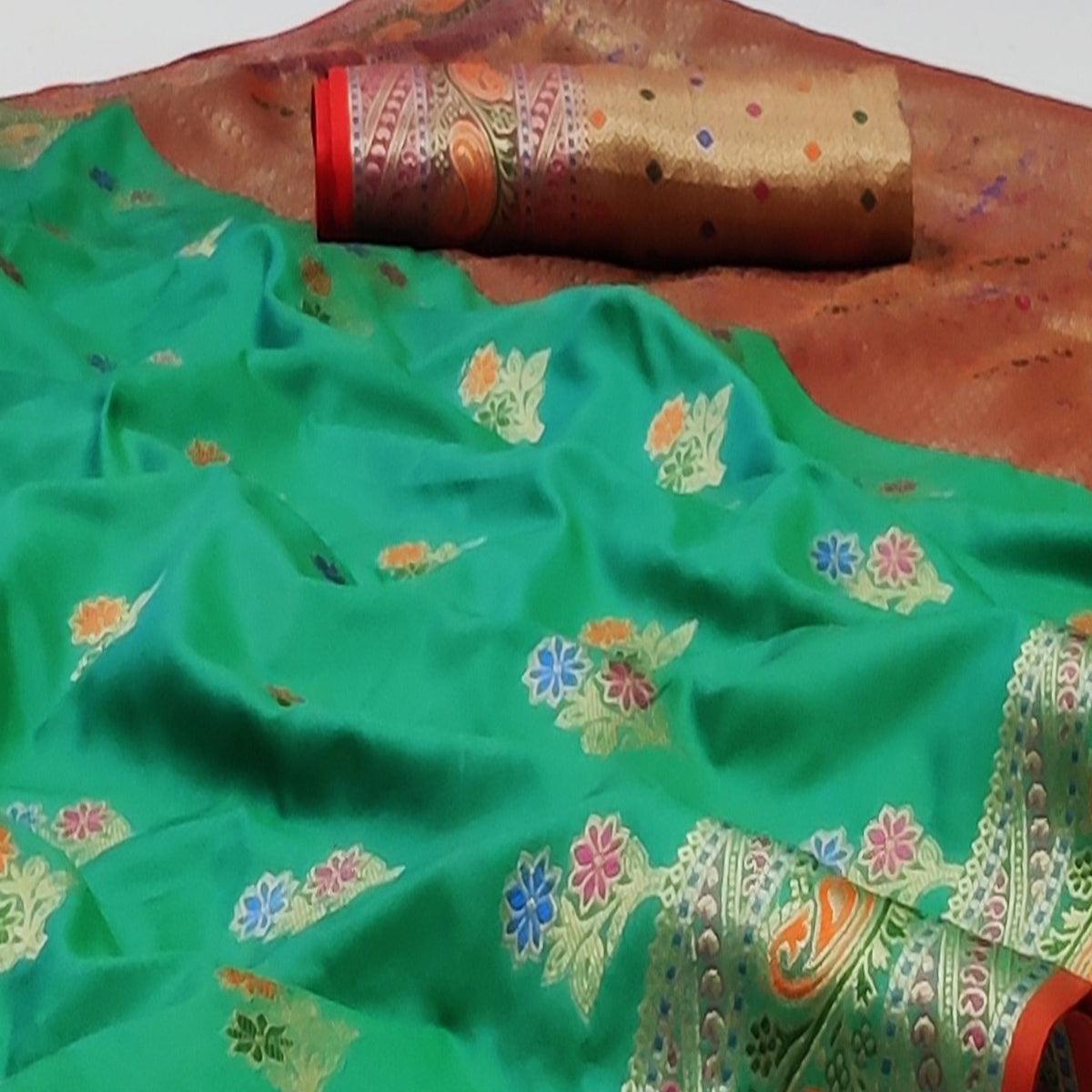 Rama Green Festive Wear Floral Woven Soft Silk Saree With Jacquard Border - Peachmode