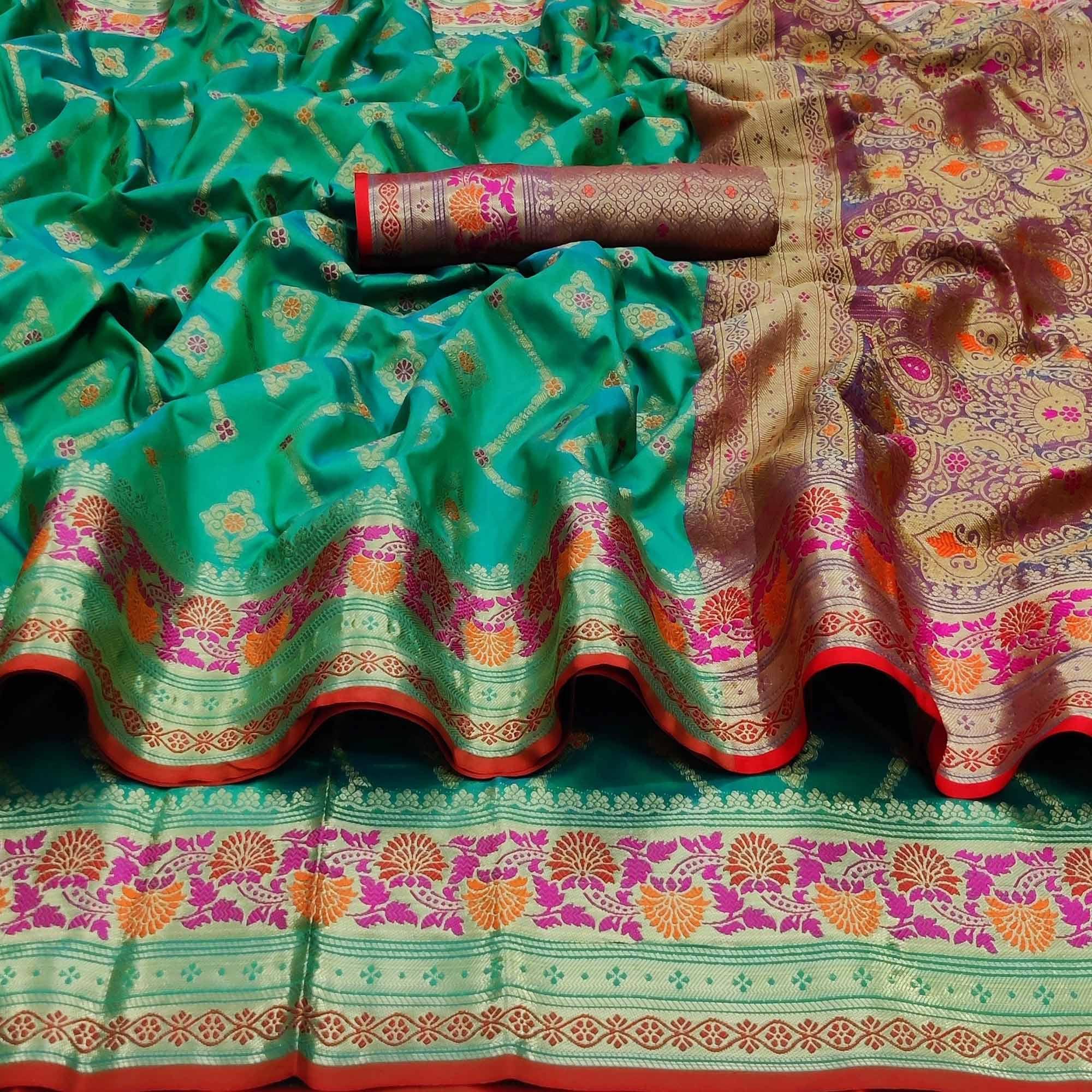Rama Green Festive Wear Floral Woven Soft Silk Saree With Jacquard Border - Peachmode