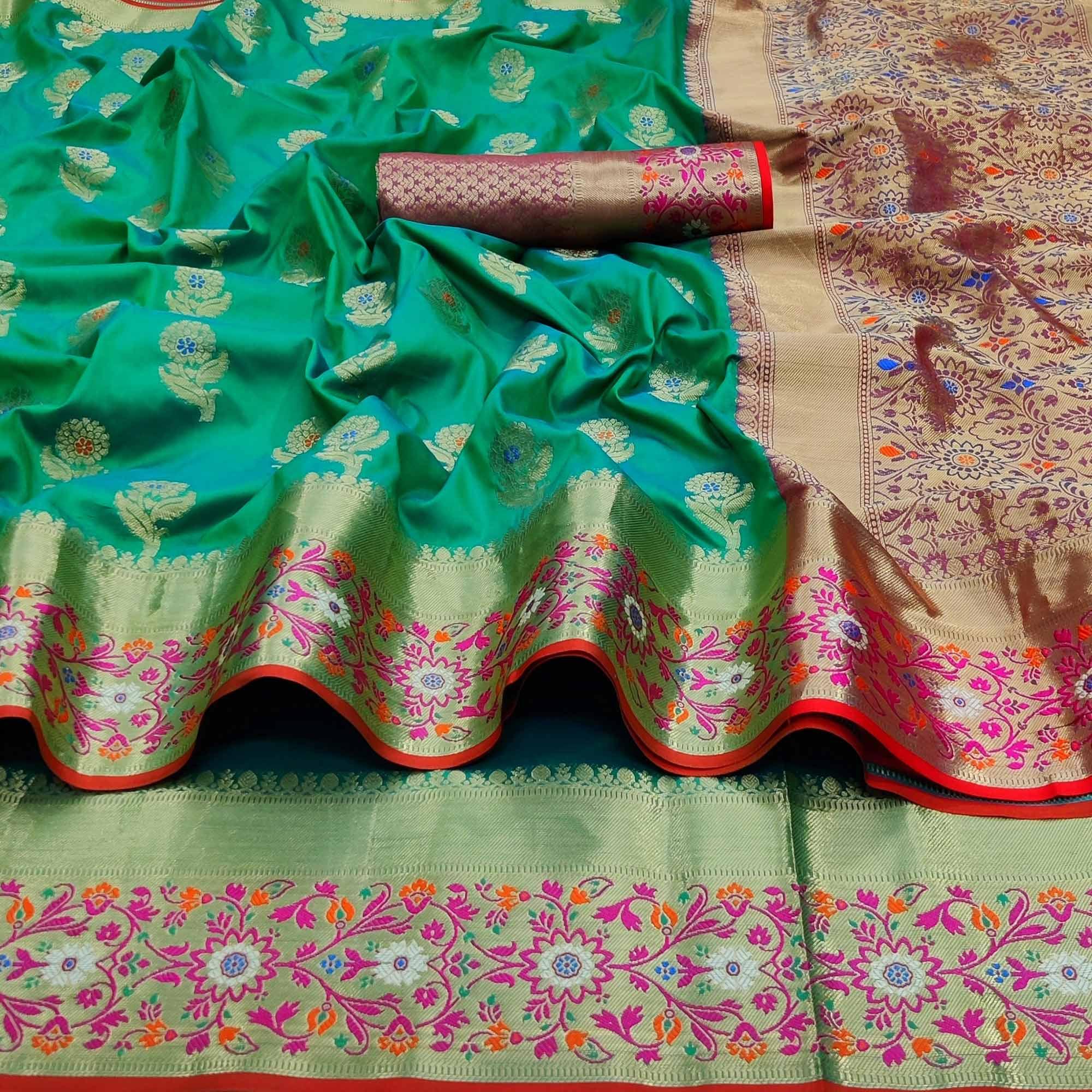 Rama Green Festive Wear Floral Woven Soft Silk Saree With Jacquard Border - Peachmode