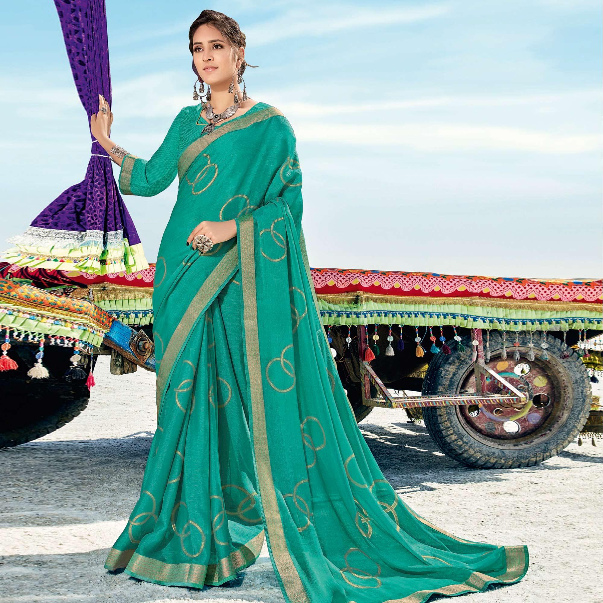 Rama Green Festive Wear Printed Brasso Saree - Peachmode