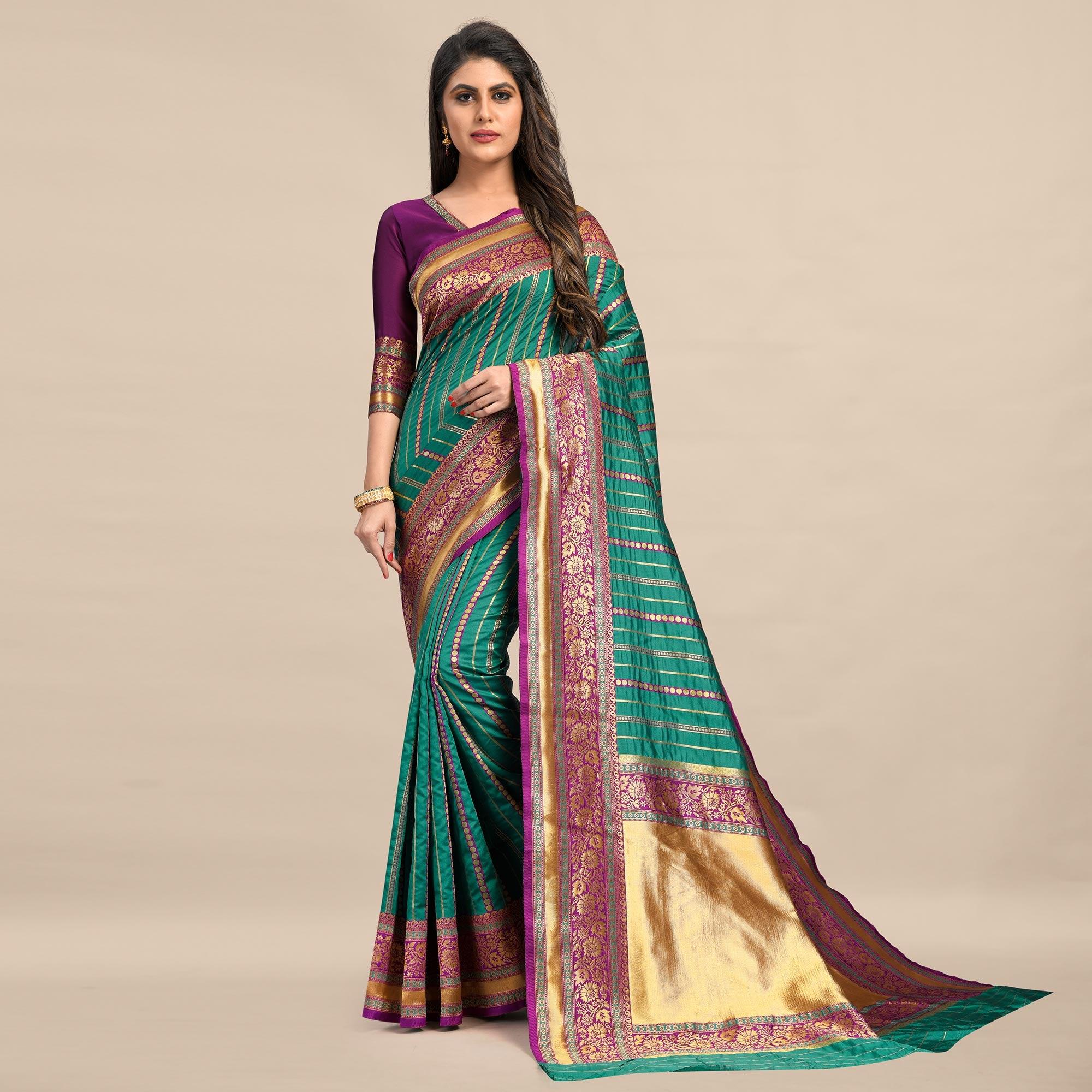 Rama-Green Festive Wear Rich Woven Border Soft Banarasi Silk Saree - Peachmode
