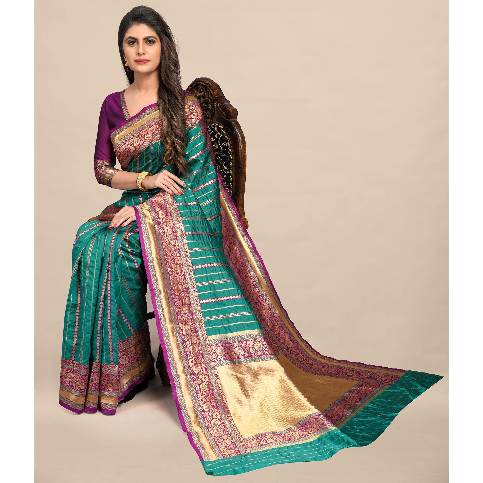 Rama-Green Festive Wear Rich Woven Border Soft Banarasi Silk Saree - Peachmode