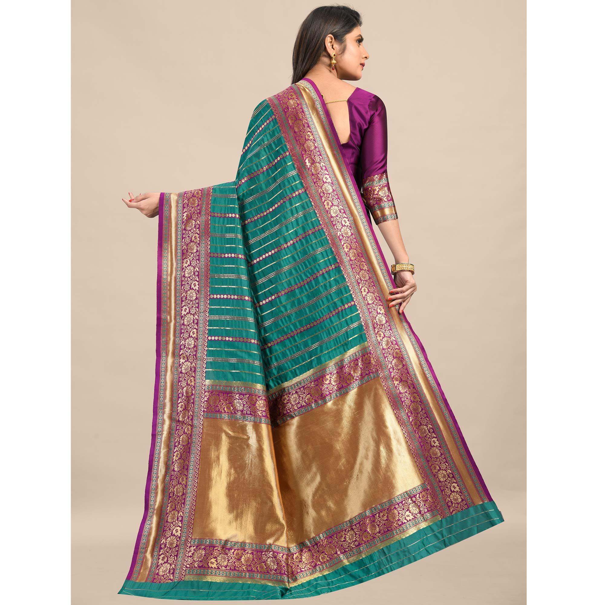 Rama-Green Festive Wear Rich Woven Border Soft Banarasi Silk Saree - Peachmode