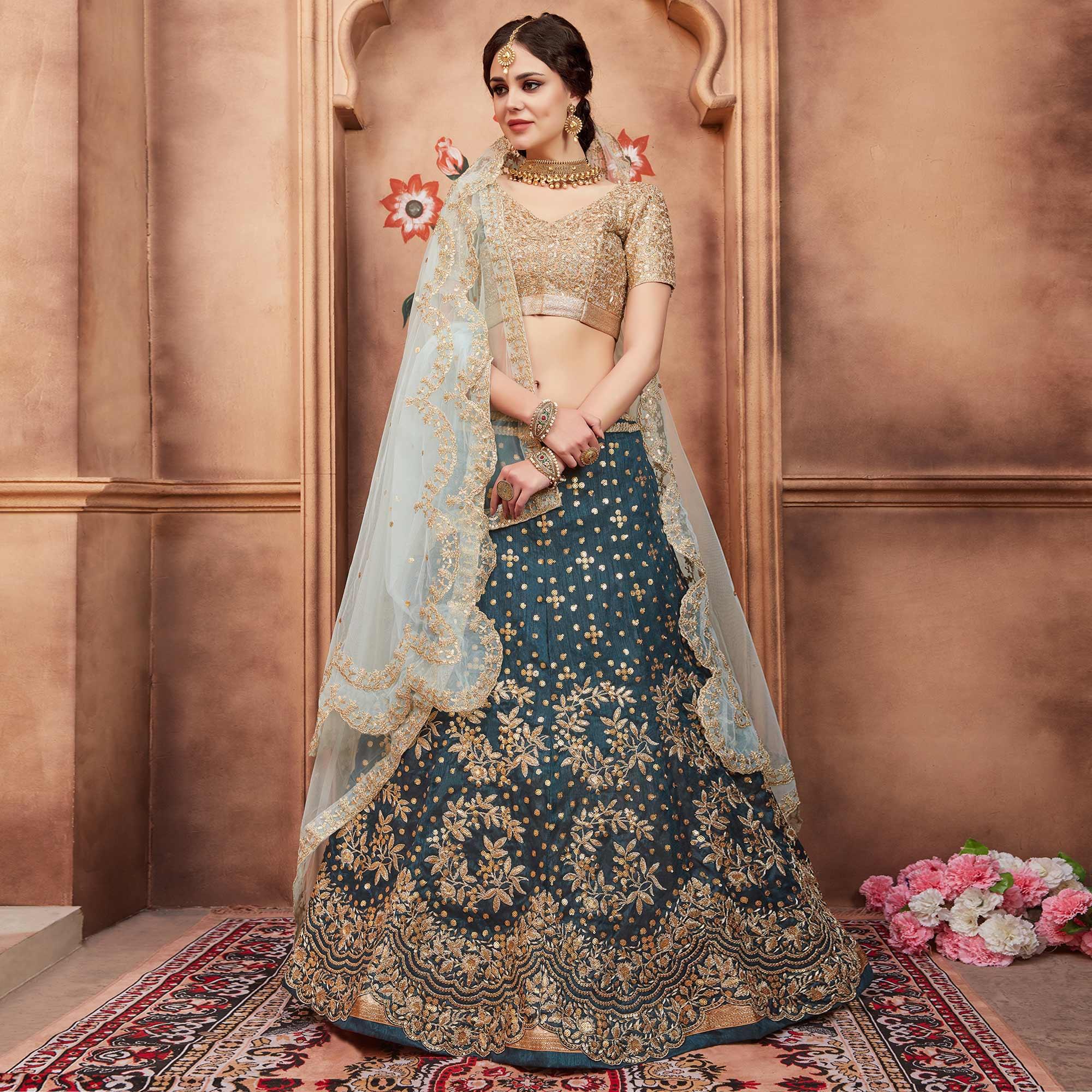 Rama Green Festive Wear Sequence Dori Cut Work Art Silk Lehenga Choli - Peachmode