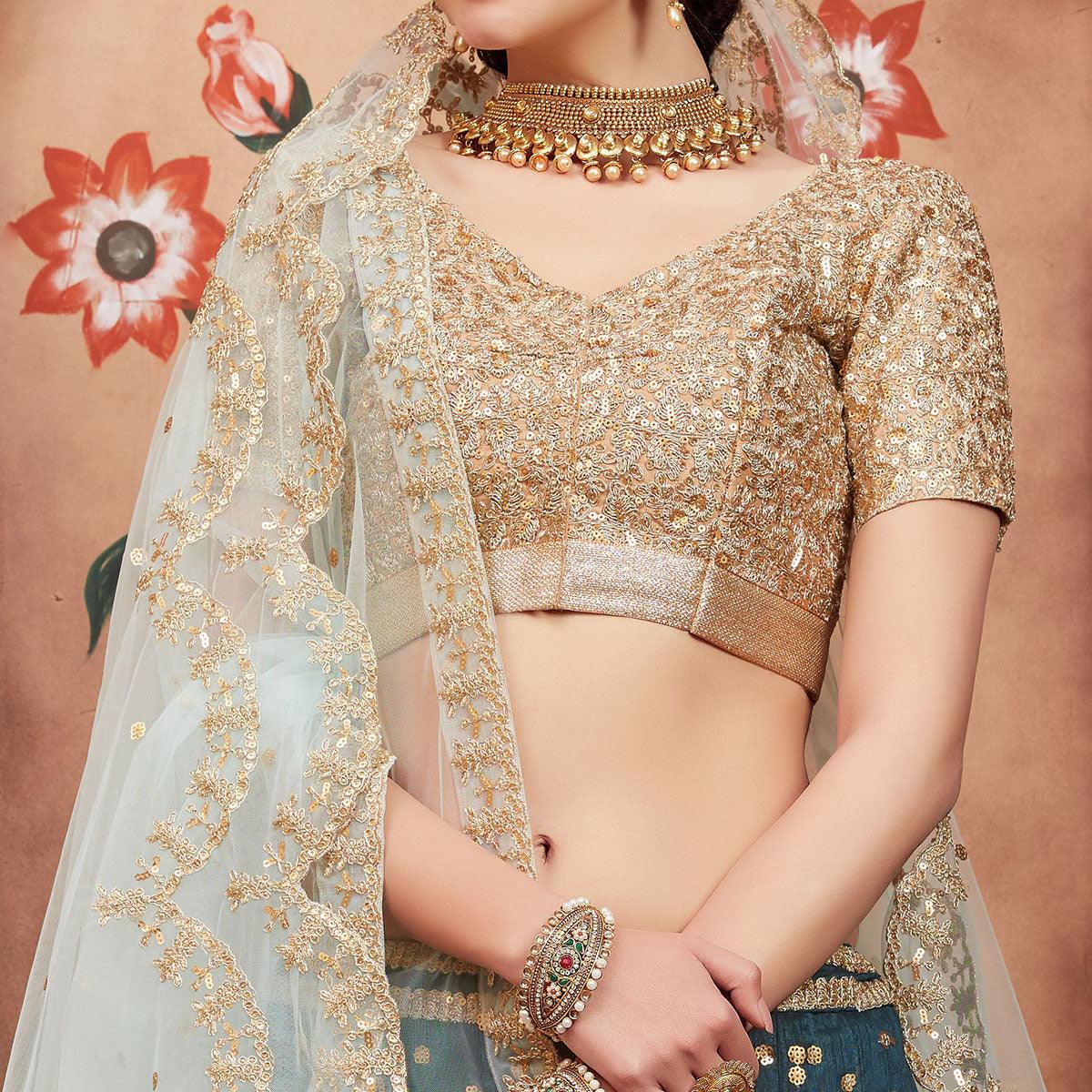 Rama Green Festive Wear Sequence Dori Cut Work Art Silk Lehenga Choli - Peachmode
