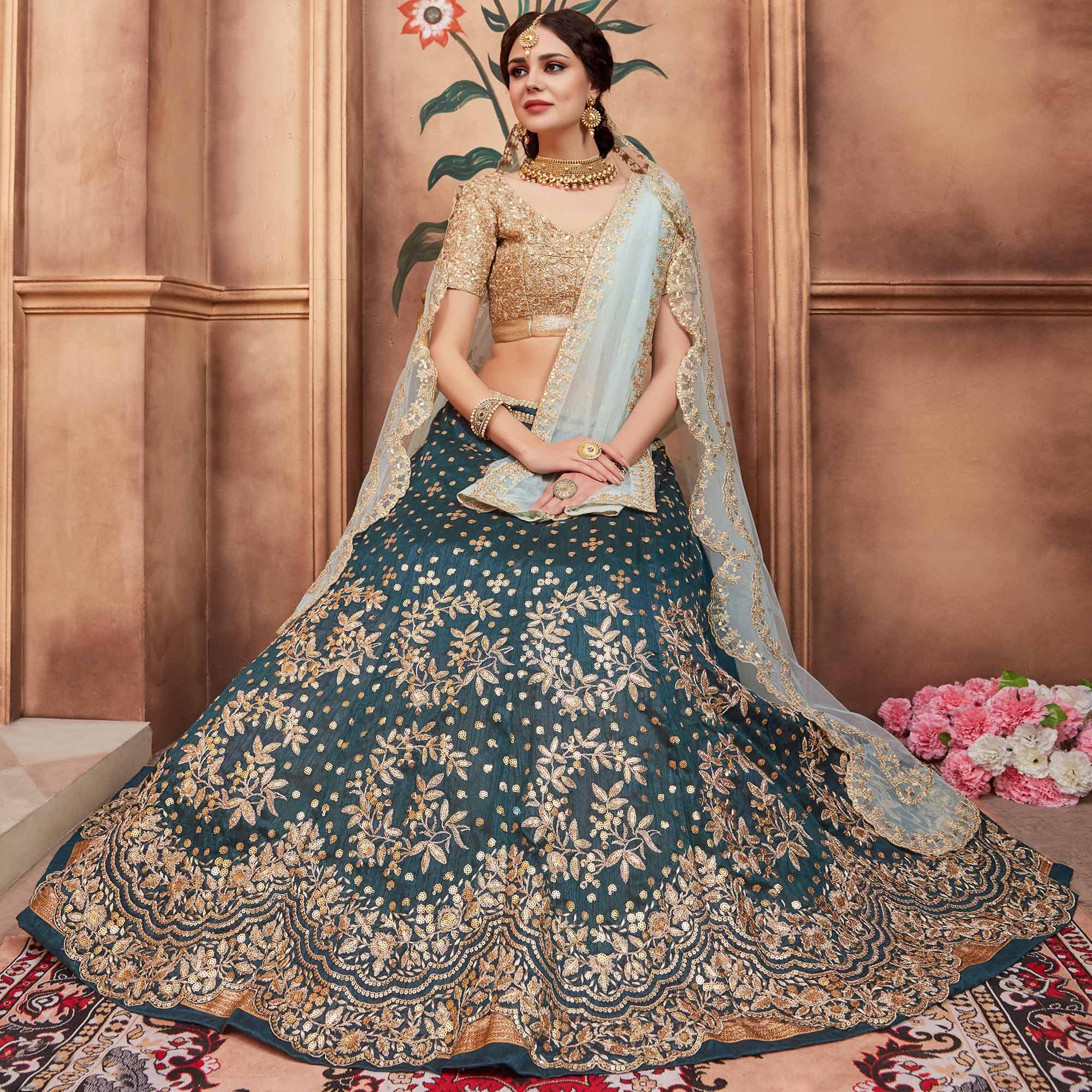 Rama Green Festive Wear Sequence Dori Cut Work Art Silk Lehenga Choli - Peachmode