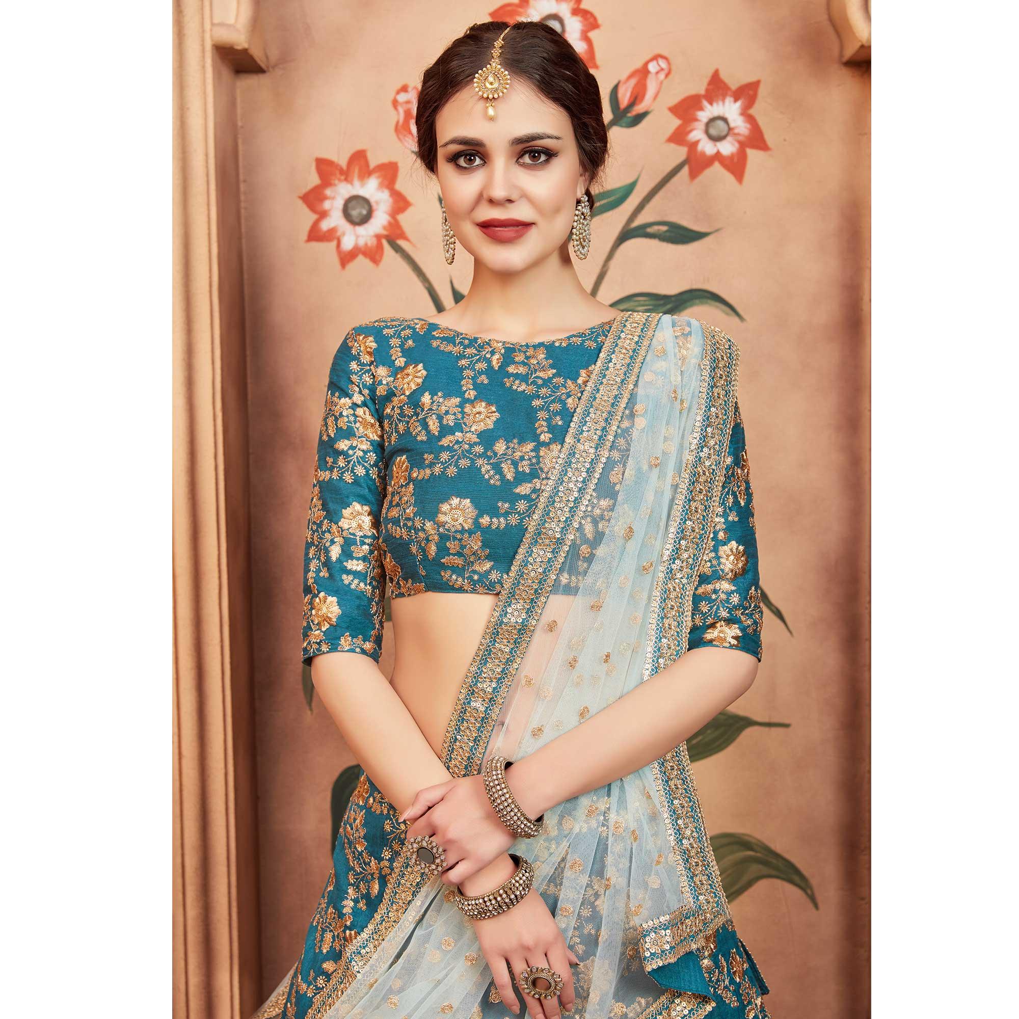 Rama Green Festive Wear Sequence Zari Work Art Silk Lehenga Choli - Peachmode