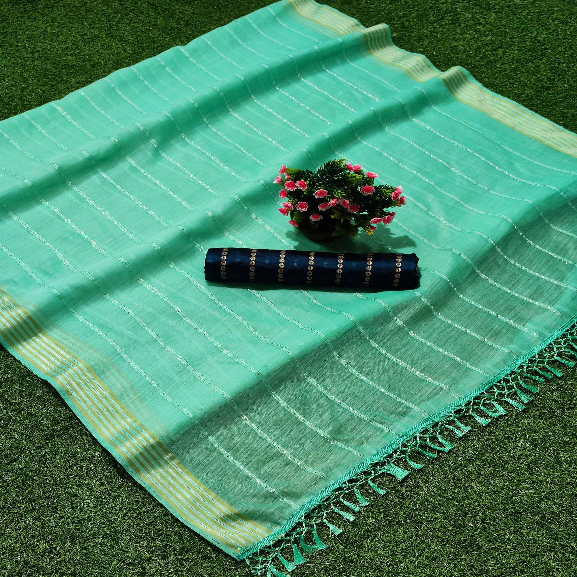 Rama Green Festive Wear Stripes With Sequence Woven Work Cotton Saree - Peachmode