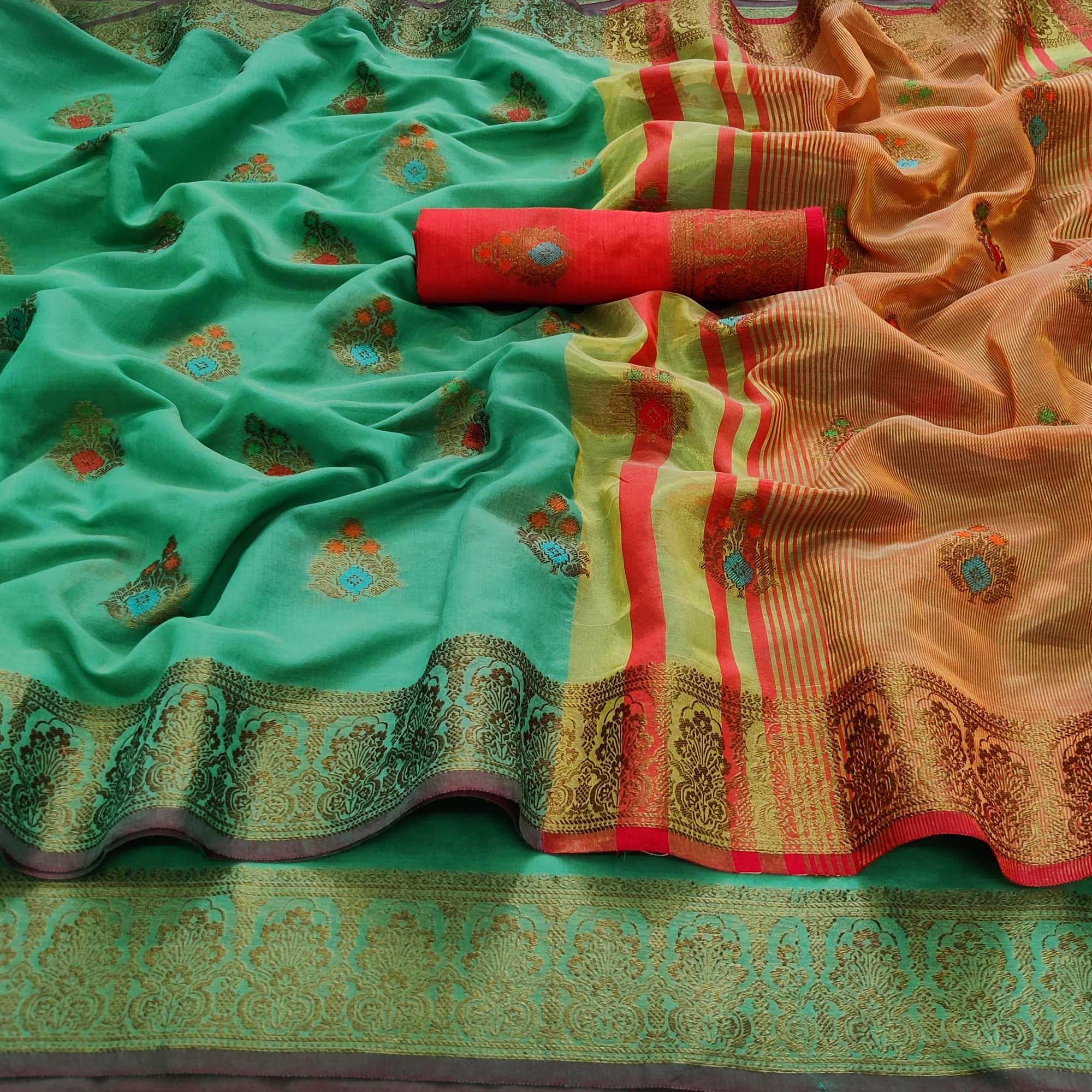 Rama Green Festive Wear Woven Border With Butta Work Cotton Saree - Peachmode