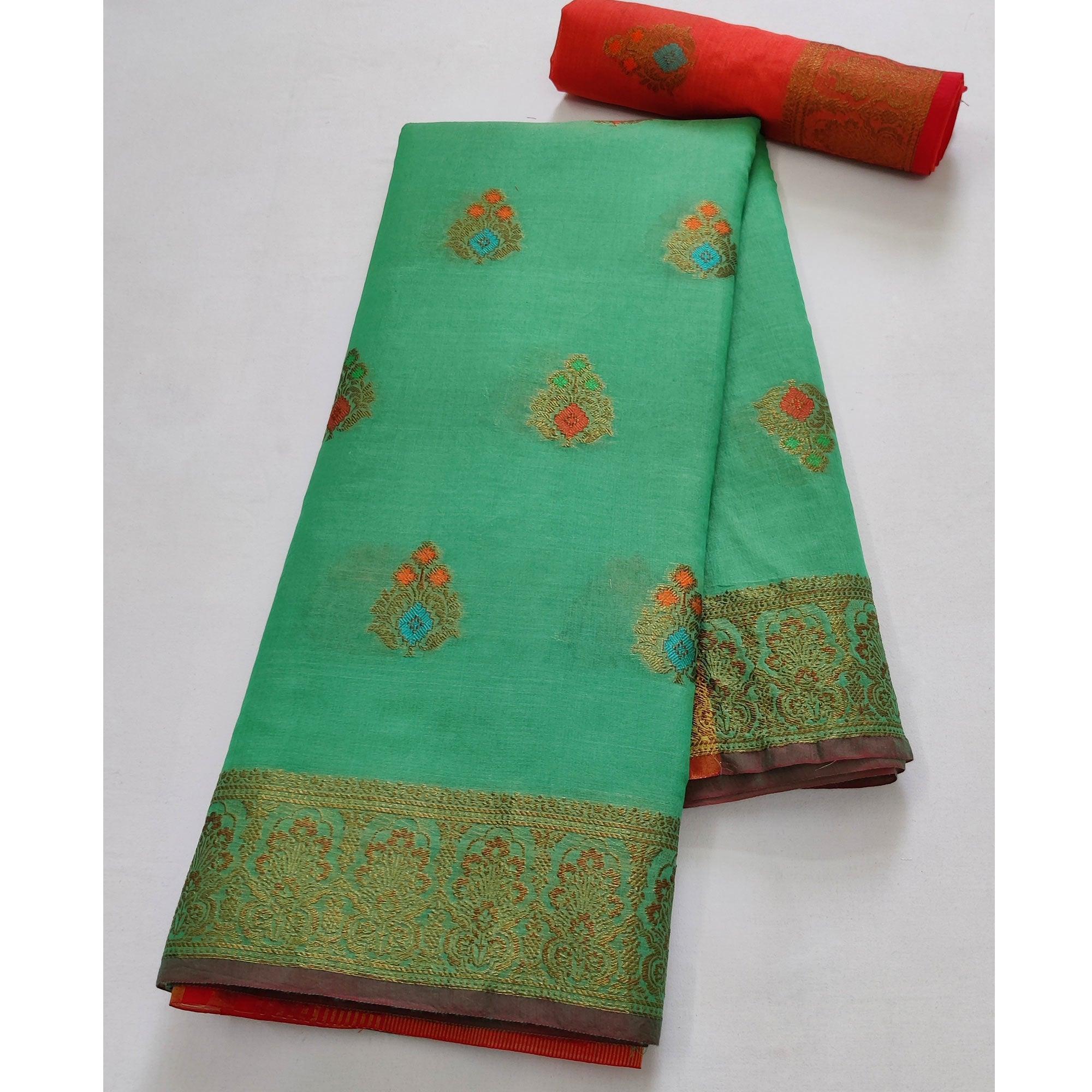 Rama Green Festive Wear Woven Border With Butta Work Cotton Saree - Peachmode