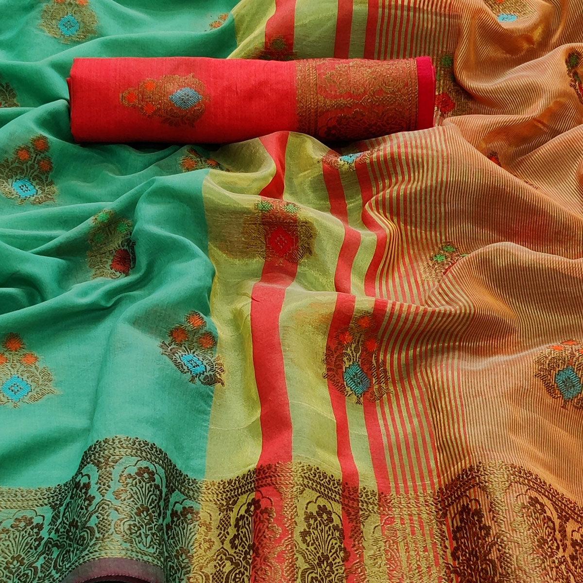 Rama Green Festive Wear Woven Border With Butta Work Cotton Saree - Peachmode