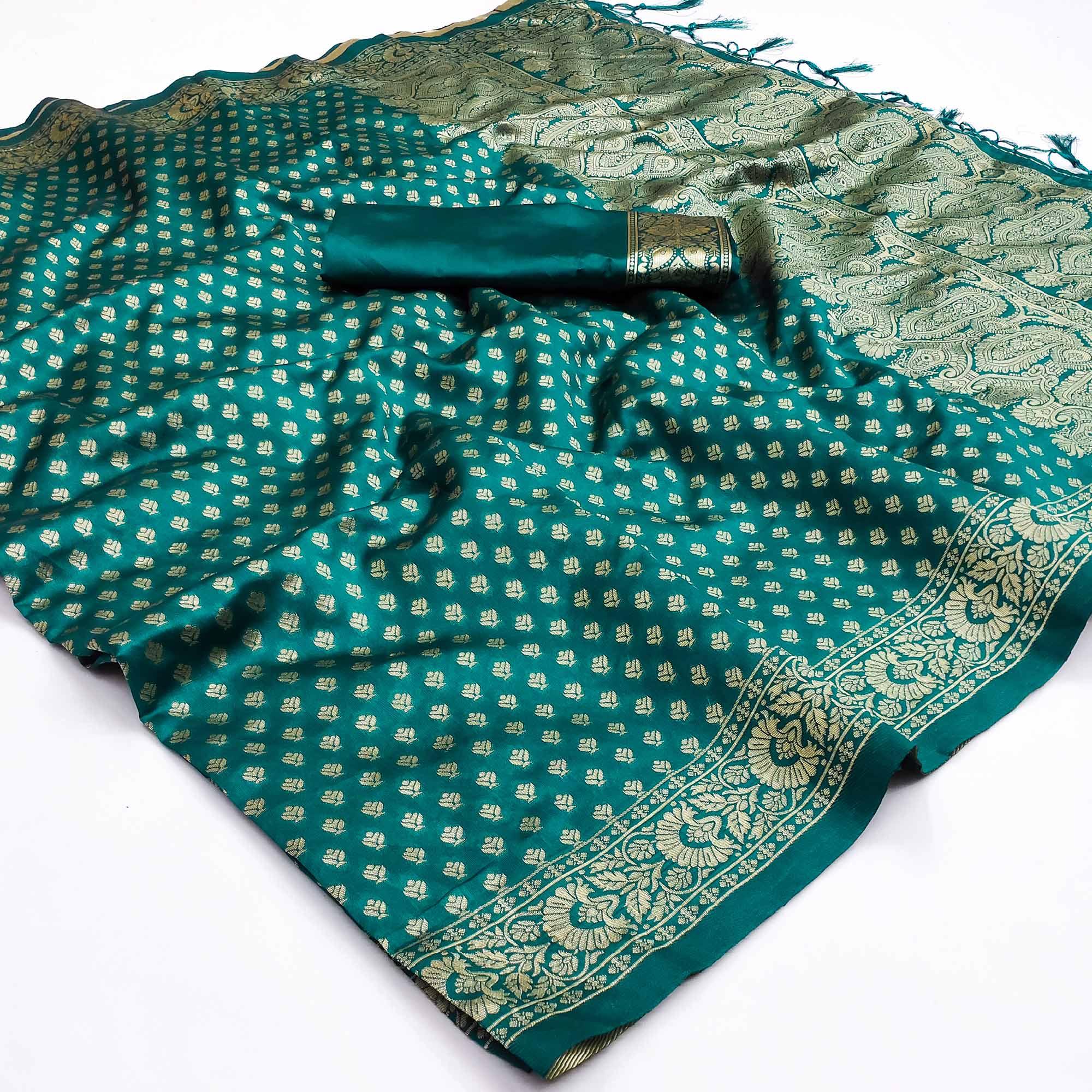 Rama Green Festive Wear Woven Cotton Silk Saree - Peachmode